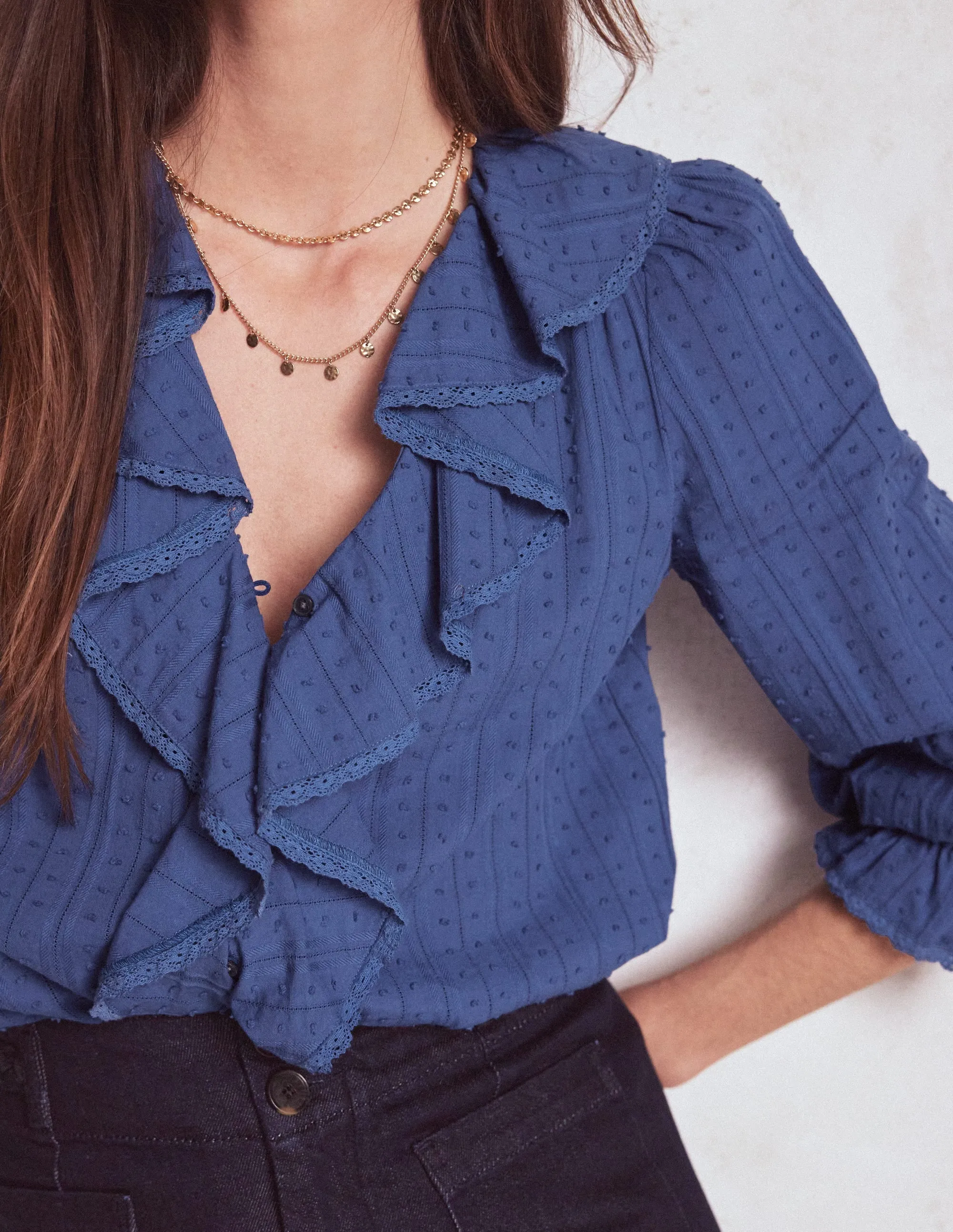 Layered Ply Construction Anti Pilling Fabric Ruffle V-Neck Blouse-Denim Blue