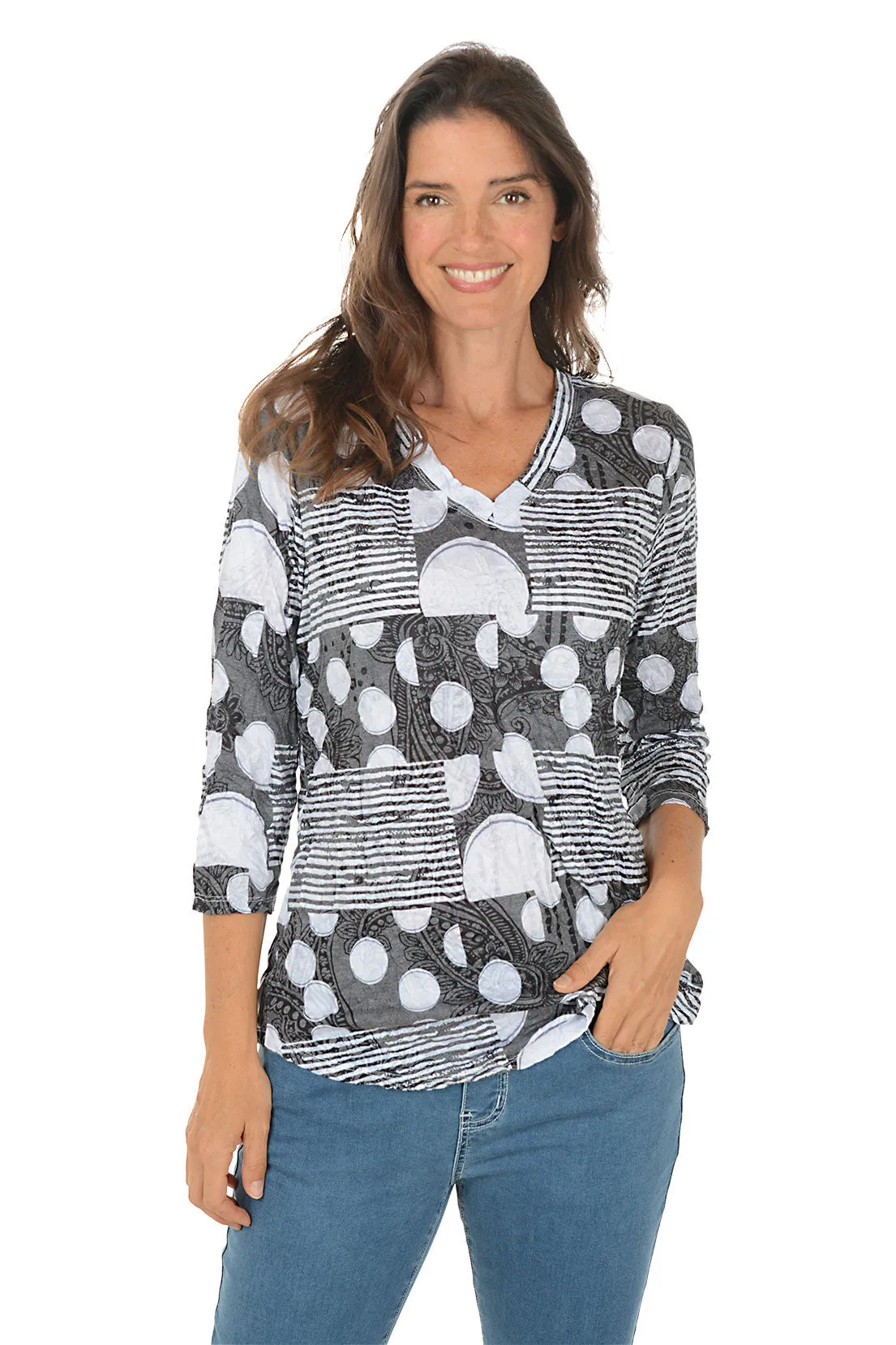 Polka Dot Stripes Crinkle V-Neck Top OdorResistantFinish Colorfast Dye Method