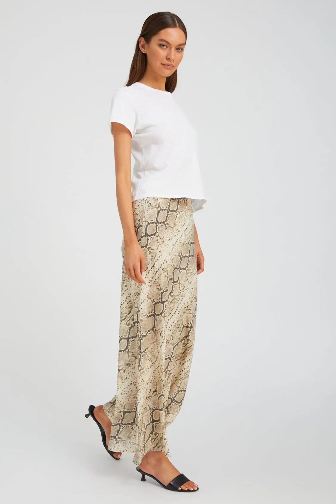 Neutral Look Beige Snakeskin Silk Bias Maxi Skirt