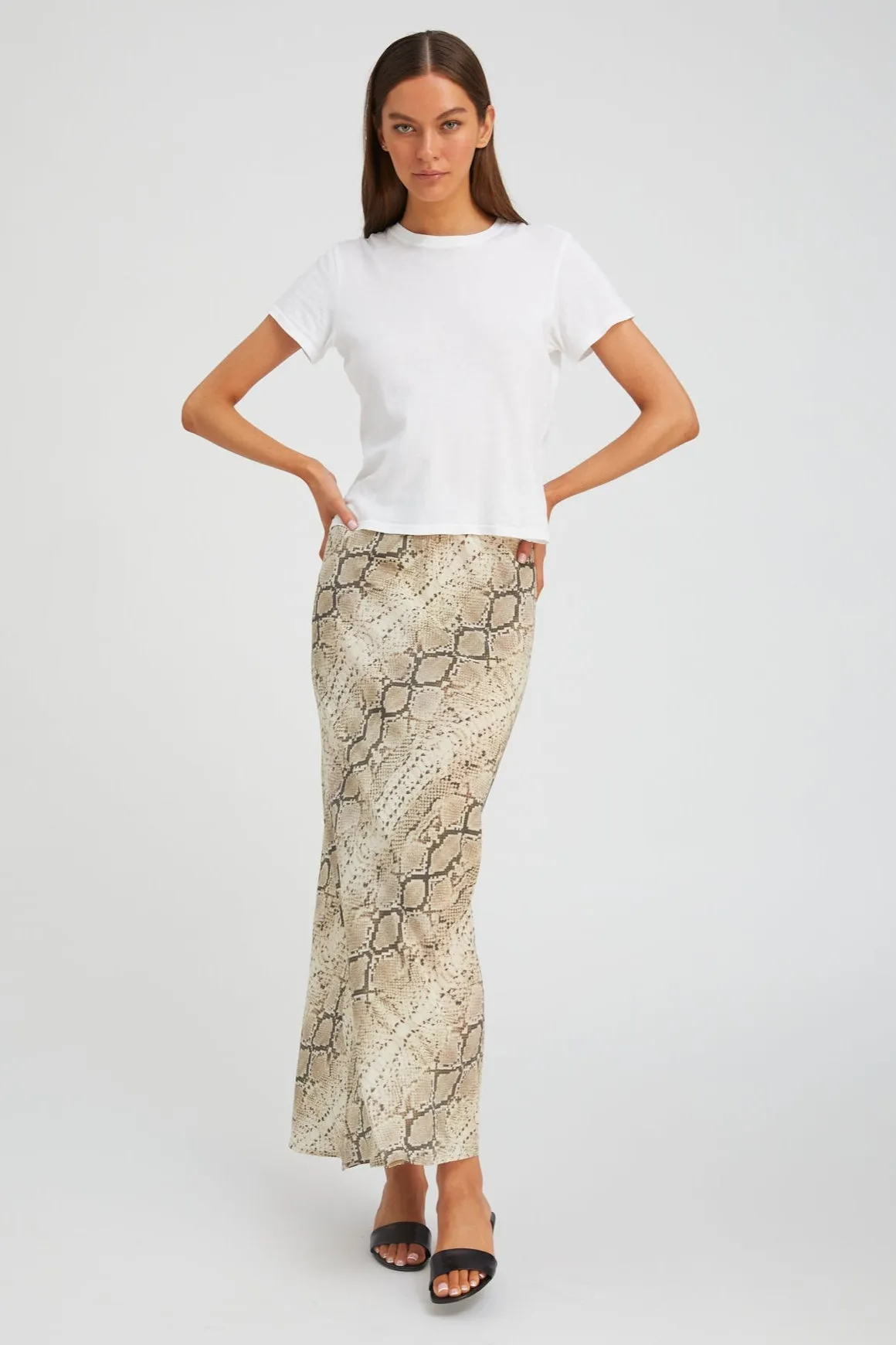 Mid Rise Chic Attire Beige Snakeskin Silk Bias Maxi Skirt