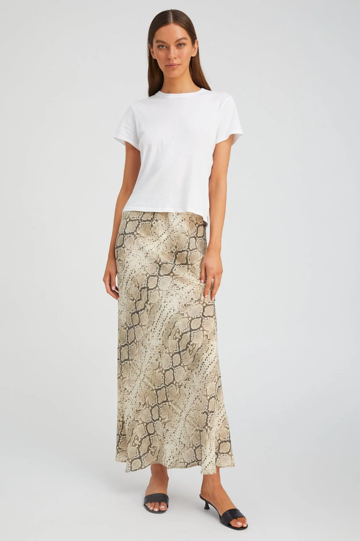 Teen Fashion Bamboo Fiber Beige Snakeskin Silk Bias Maxi Skirt