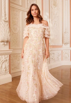 Evening Classic Confetti Ruffle Off-Shoulder Ankle Gown