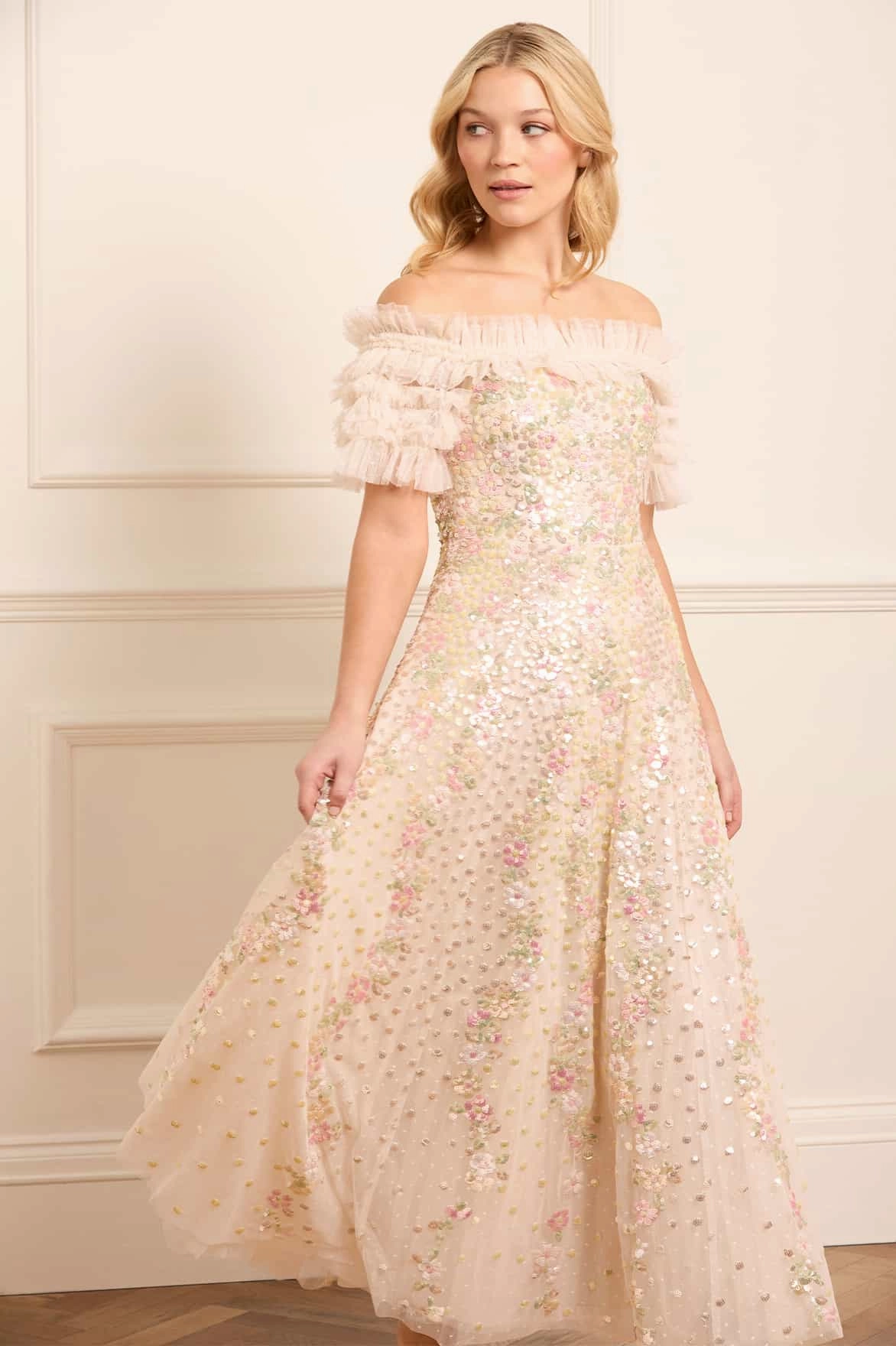 Confetti Ruffle Off-Shoulder Ankle Gown Walk Mood MoldResistantTexture