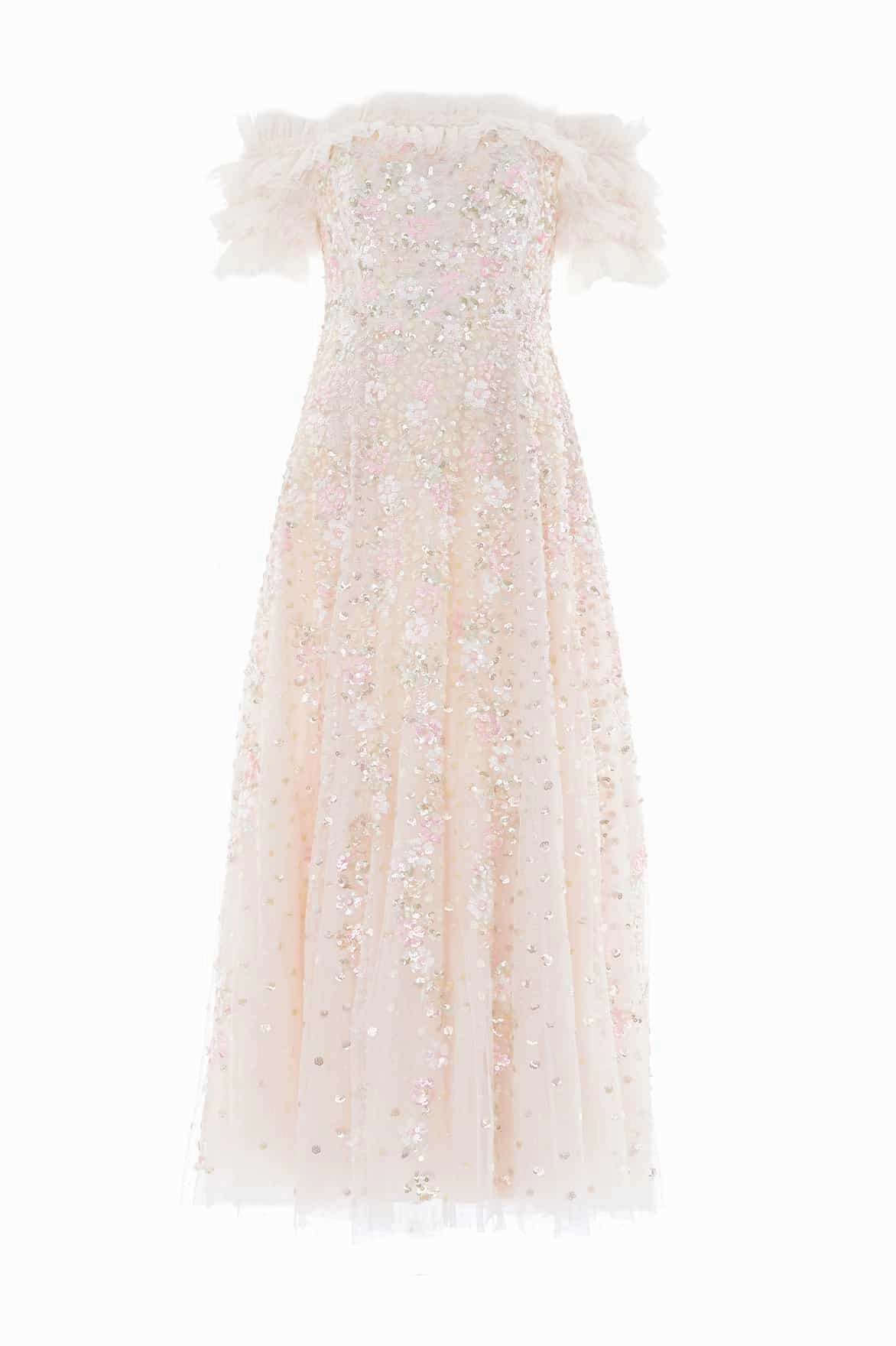 Smart Fit Wear Confetti Ruffle Off-Shoulder Ankle Gown