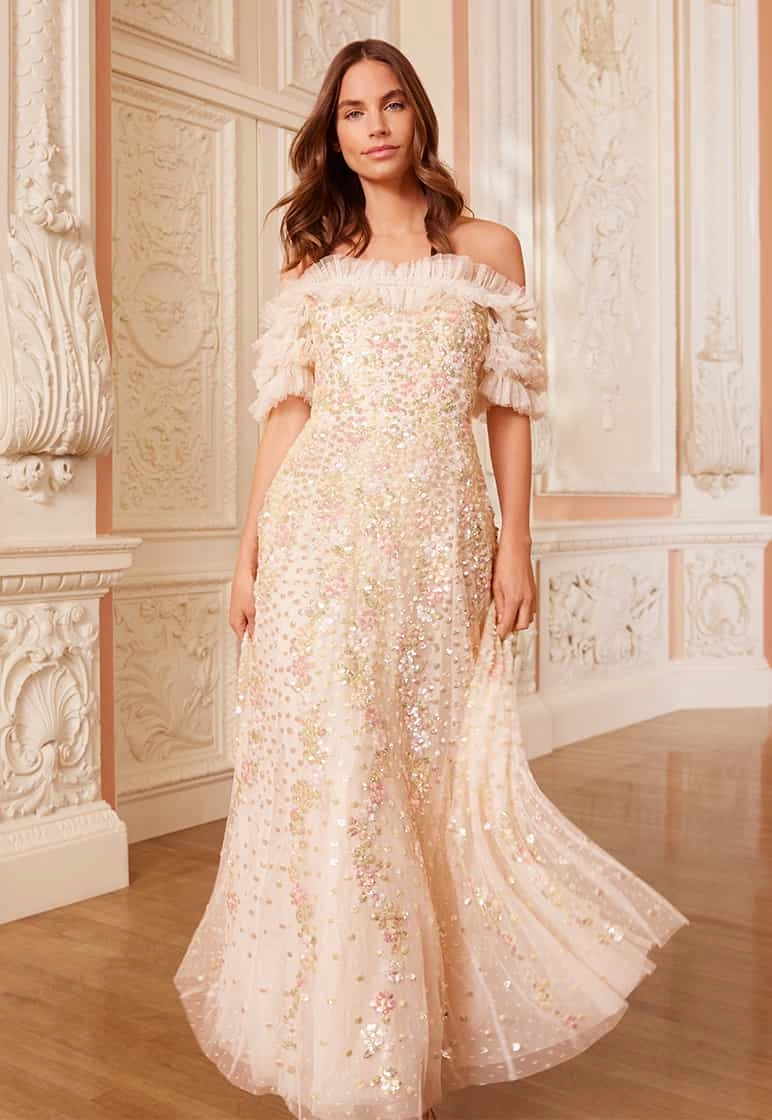 Contrast-Lining Confetti Ruffle Off-Shoulder Ankle Gown