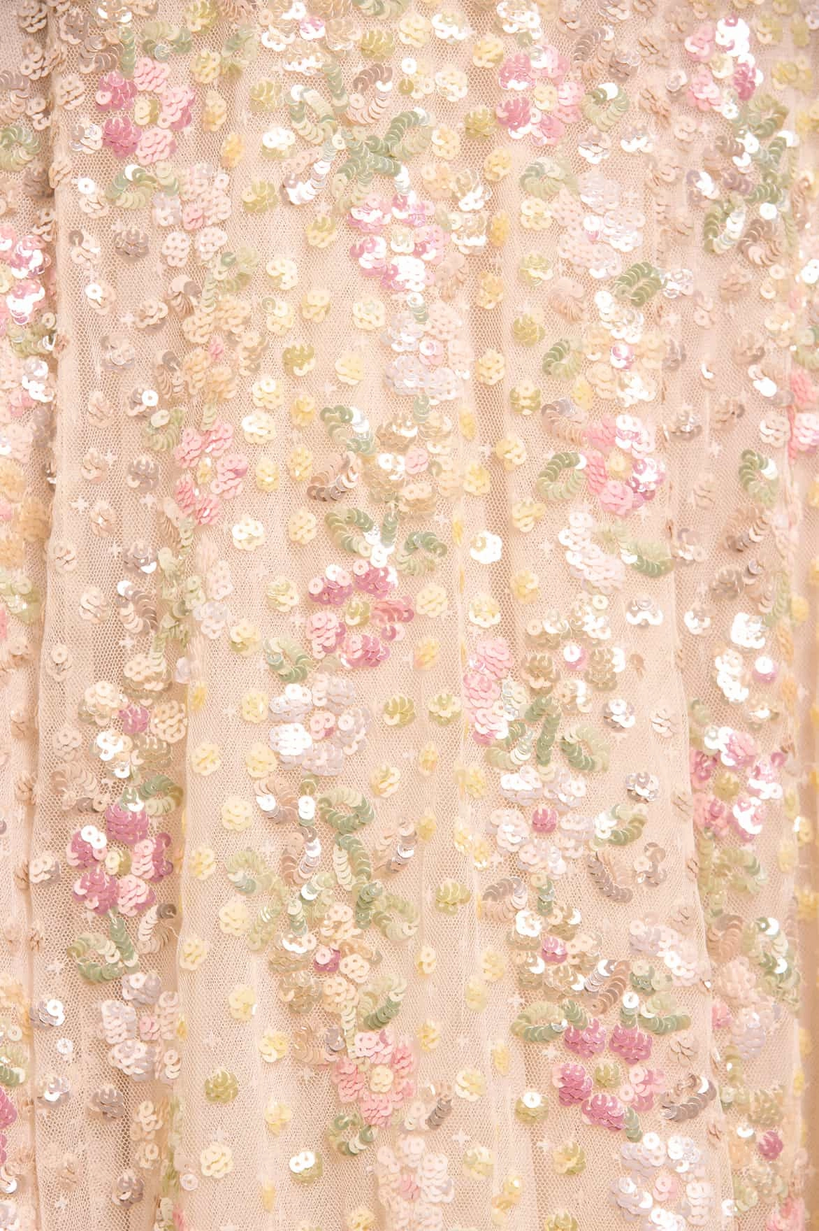 Clean Aesthetic Gemstone-Detail Confetti Ruffle Off-Shoulder Ankle Gown