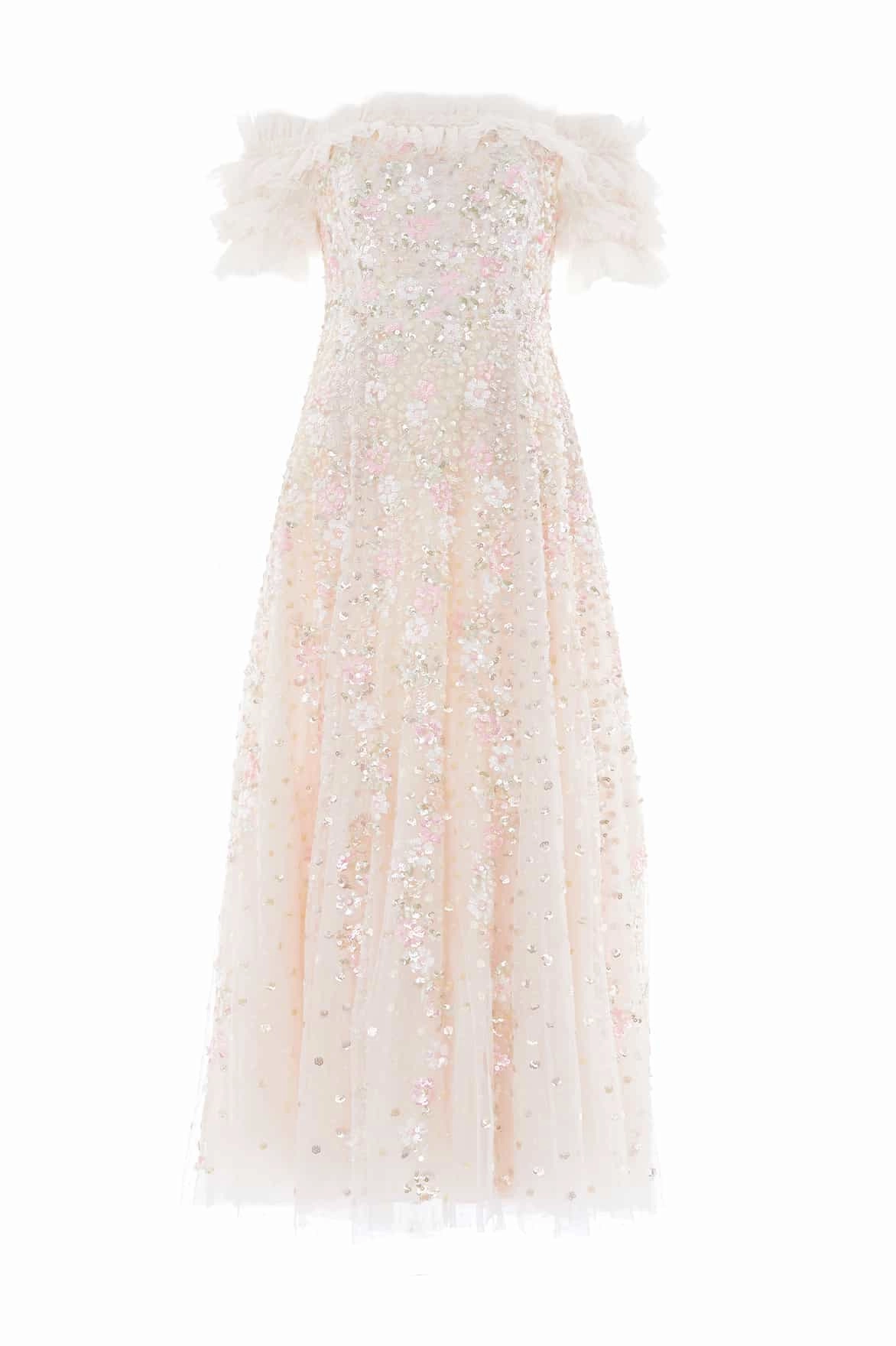 luxe feel Confetti Ruffle Off-Shoulder Ankle Gown