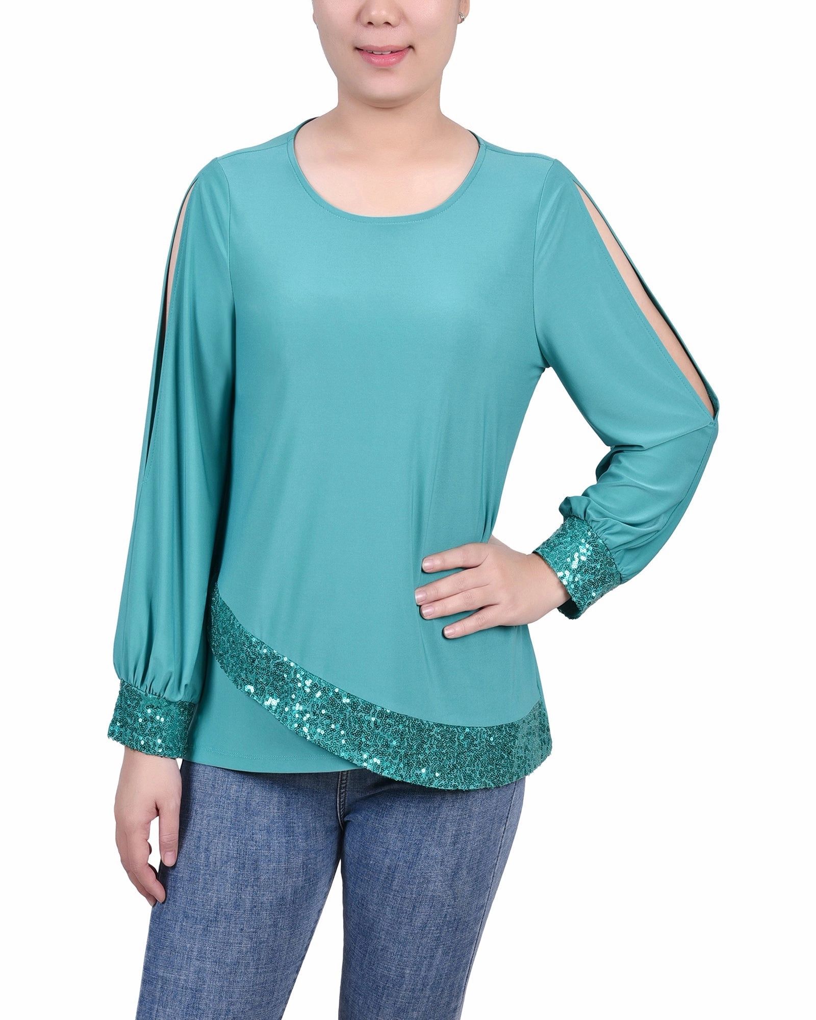 Non Irritating Seam Finish Multi Pocket Configuration Long Sleeve Knit Top With Sequin Trim