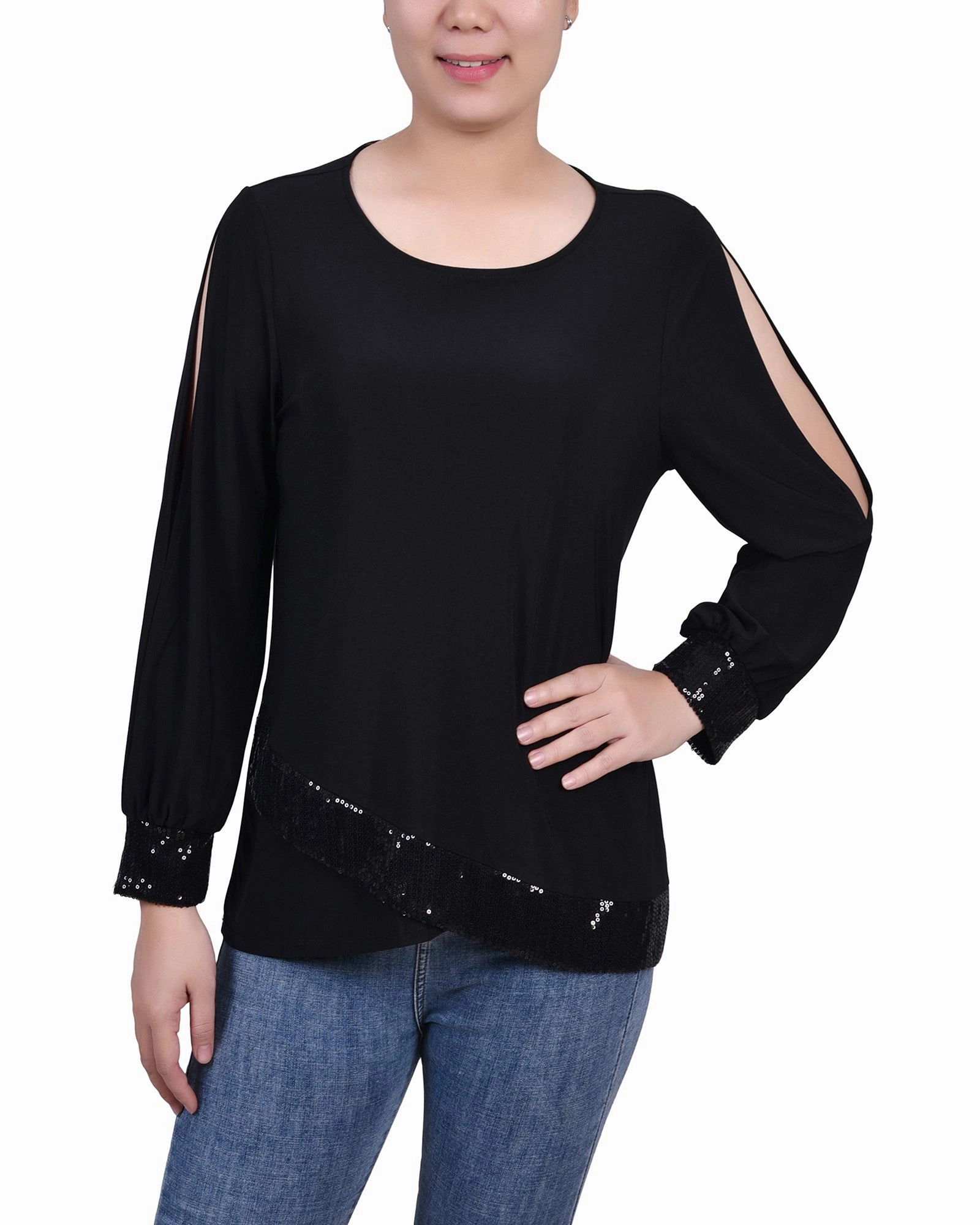 Long Sleeve Knit Top With Sequin Trim All-Purpose Wear