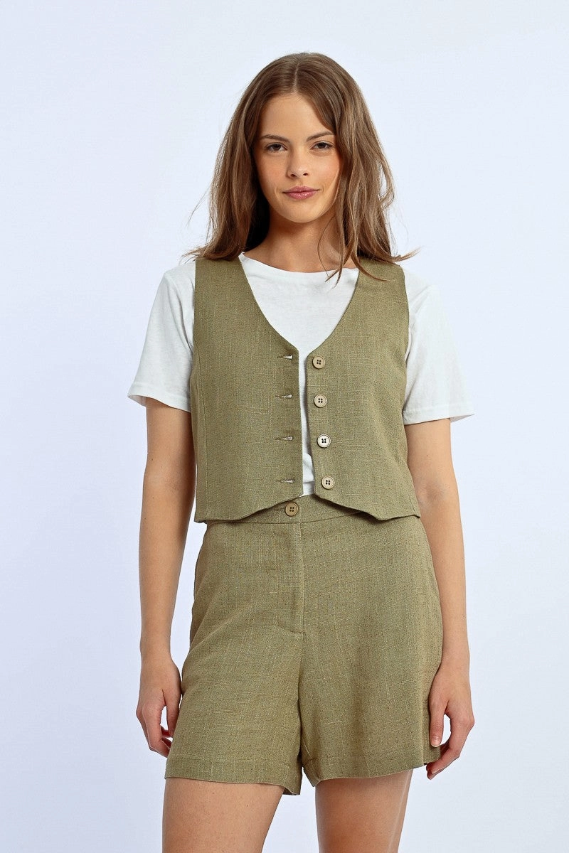 High Waisted Linen Shorts in Khaki Breathable Wear Fit