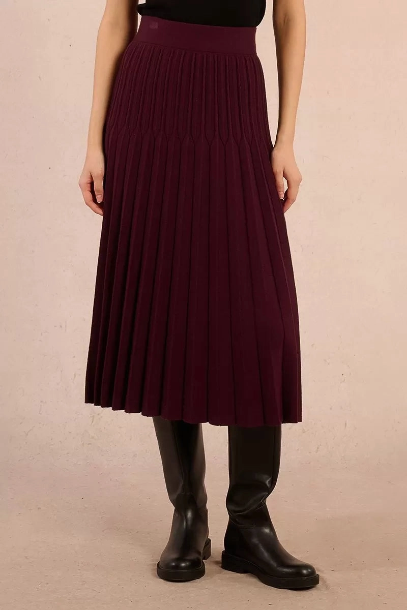 High Waisted Pleated Midi Skirt in Dark Red Shopping Trip Breezy Mood