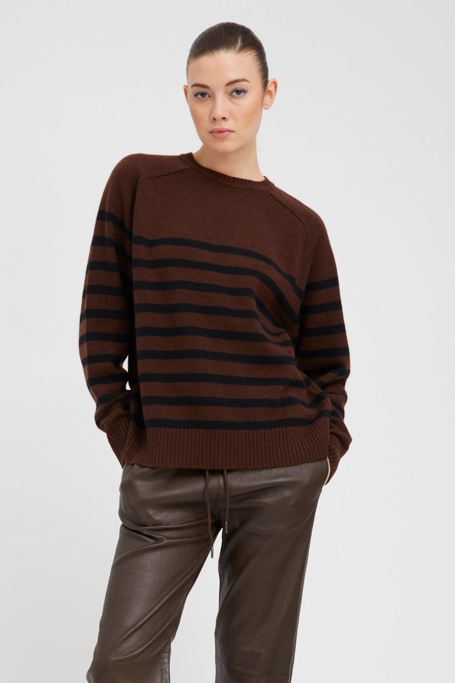 OdorResistantTreatment LayeredCuff Americano Striped Cashmere Crewneck
