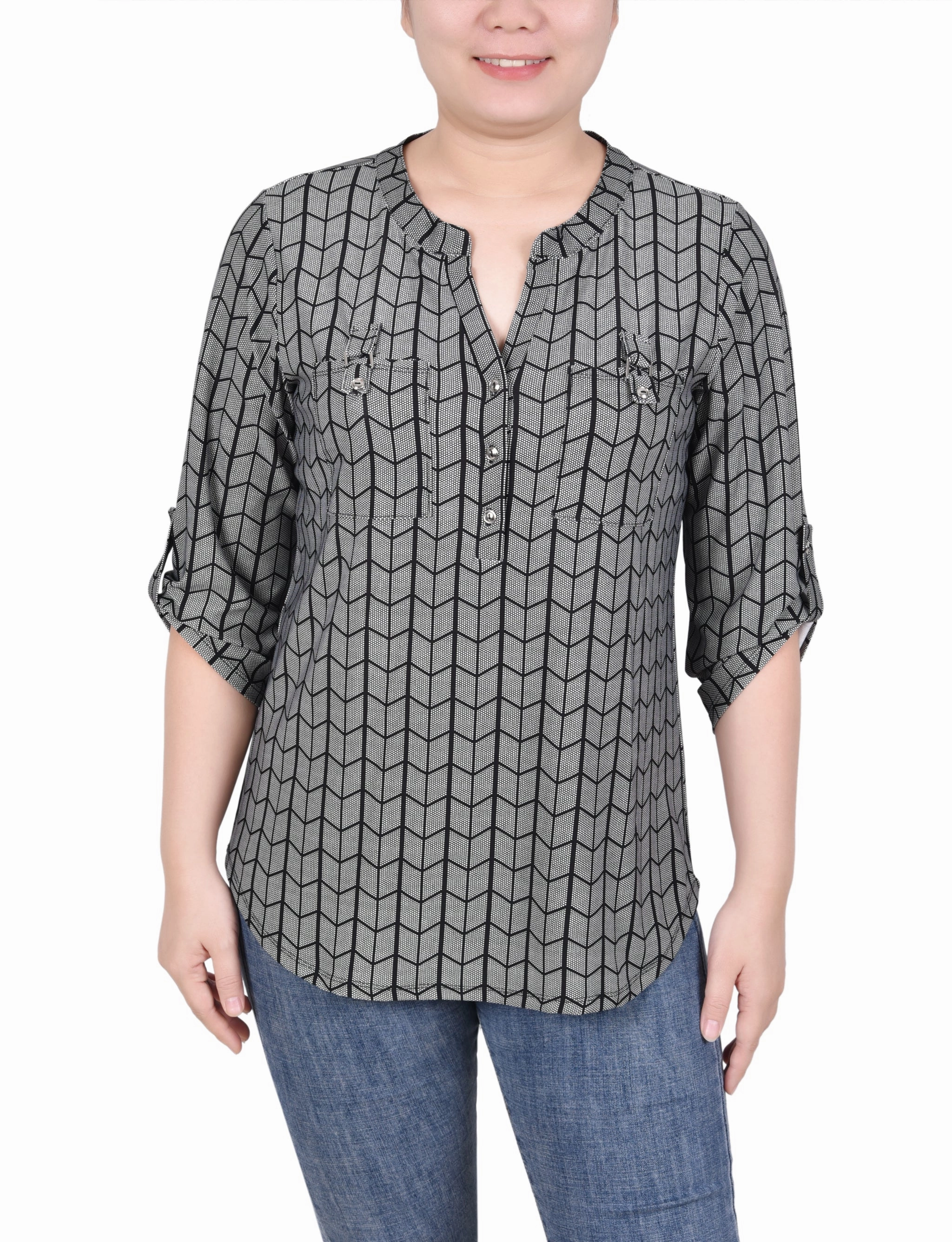 Layered Sleeve Full Coverage Fit Long Tab-Sleeve Top With Pockets