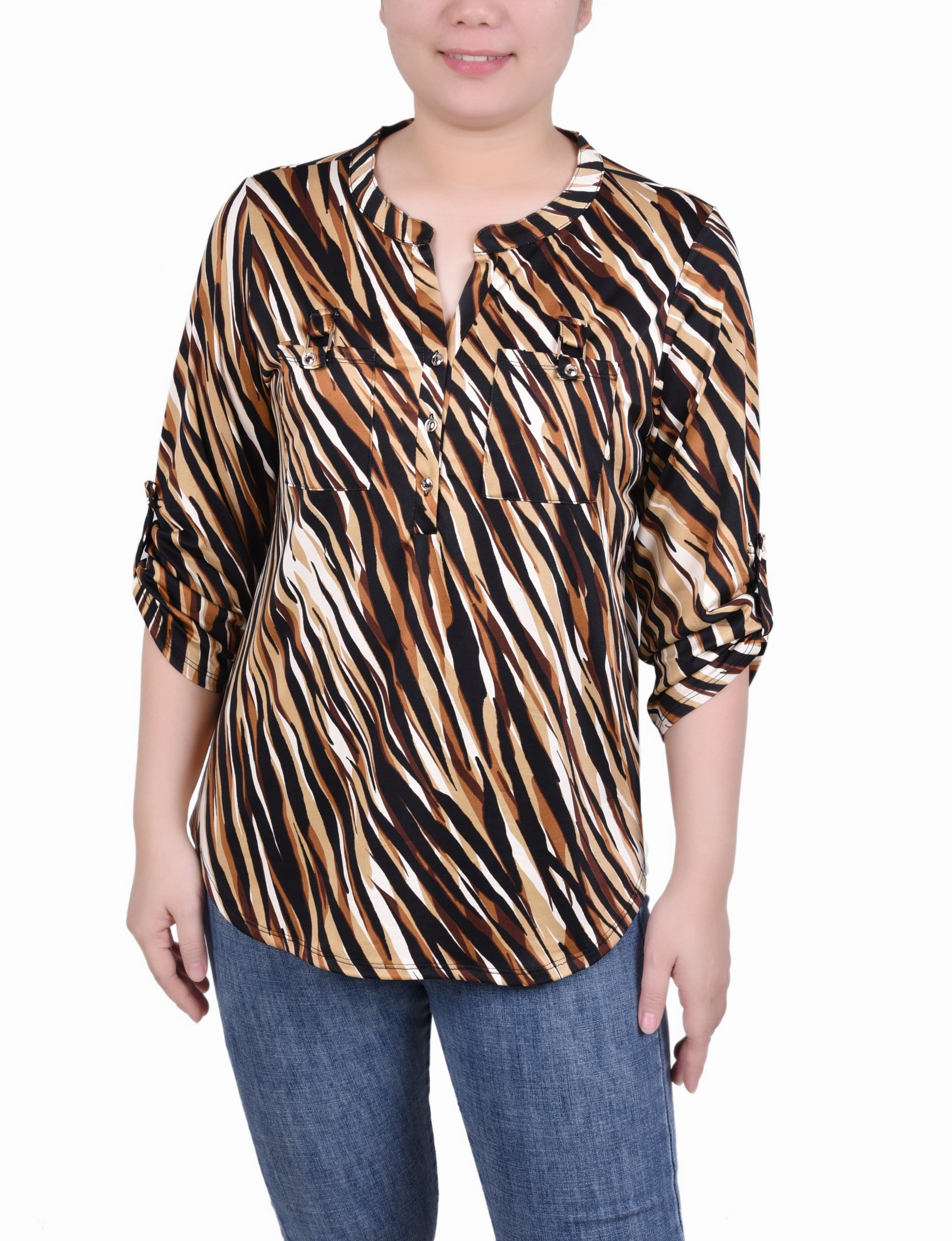 Long Tab-Sleeve Top With Pockets Durable Interlock Stitch Bonded Seam Durability