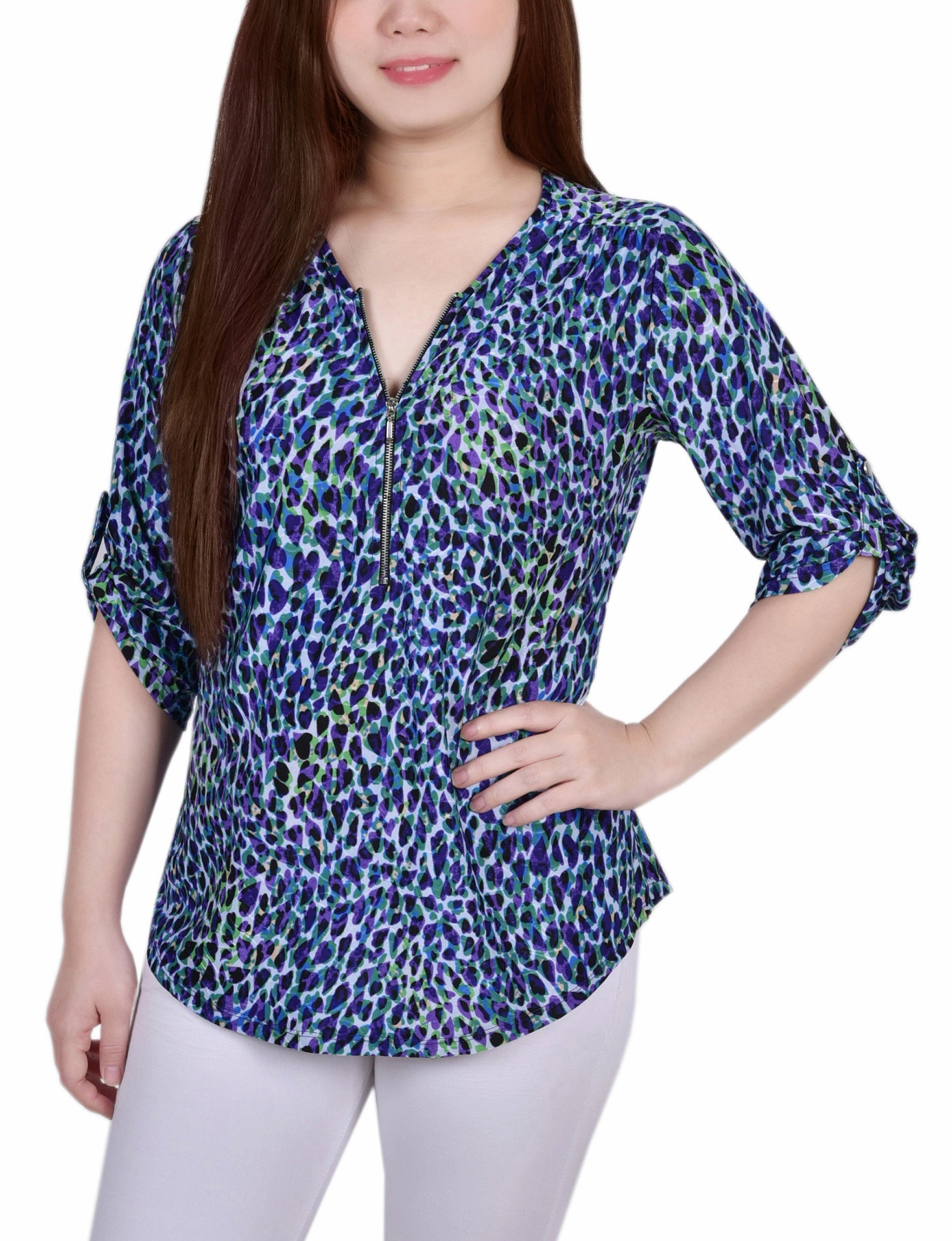 3/4 Roll Tab Zip Front Jacquard Knit Top SeamFree Knitting