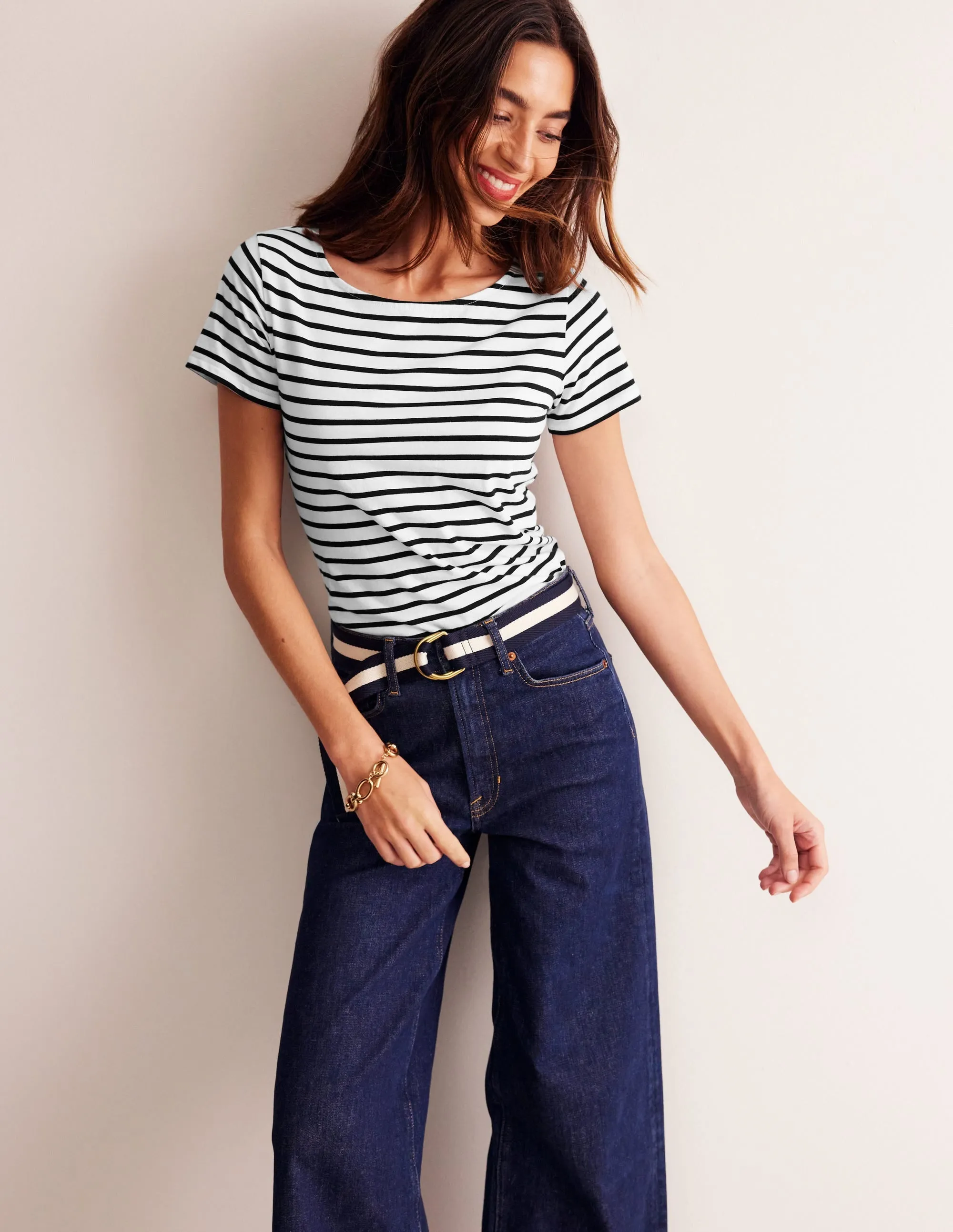 Ella Short Sleeve Breton-Ivory, Black Mesh Panel Details