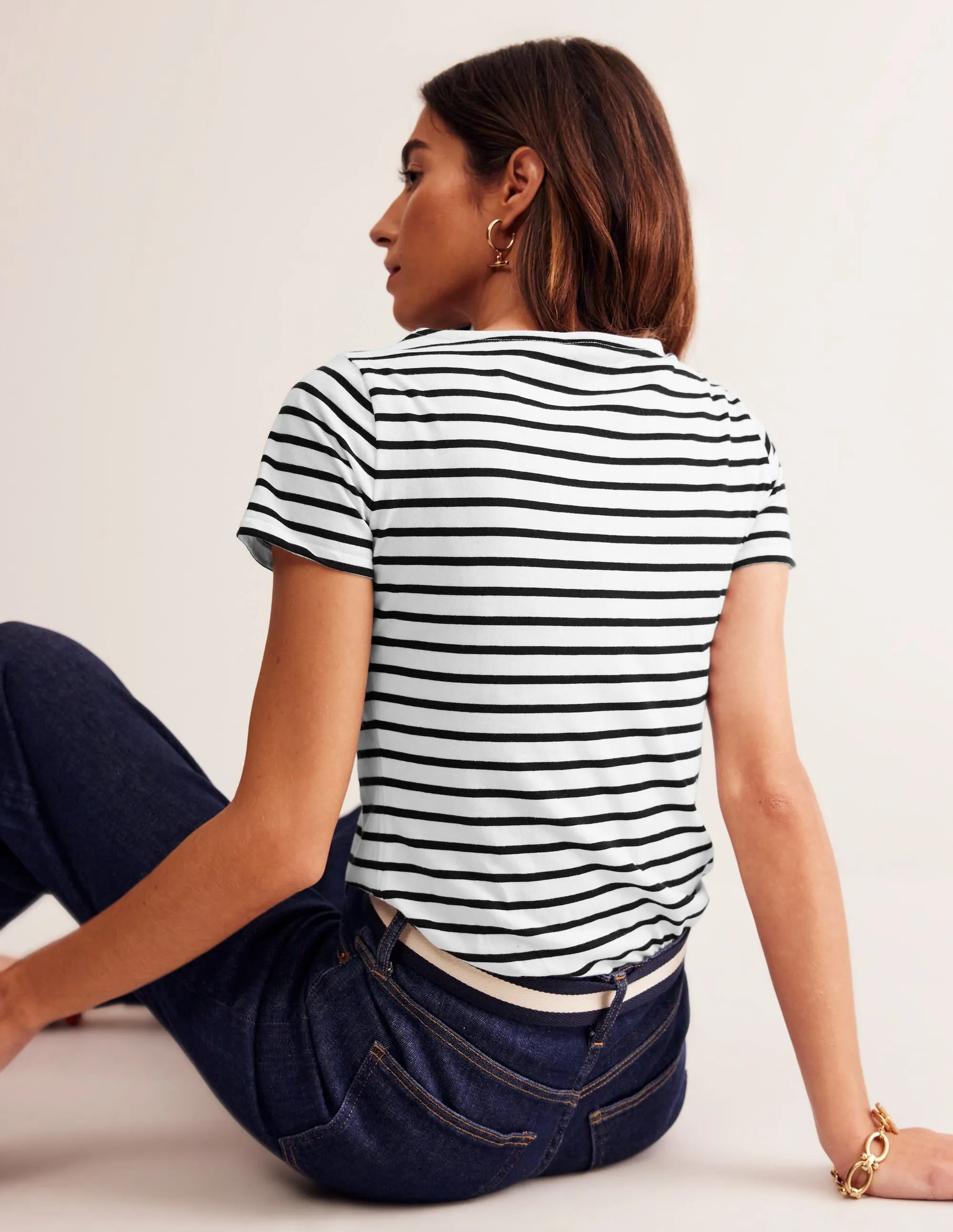Ella Short Sleeve Breton-Ivory, Black Ribbed Knit Fabric