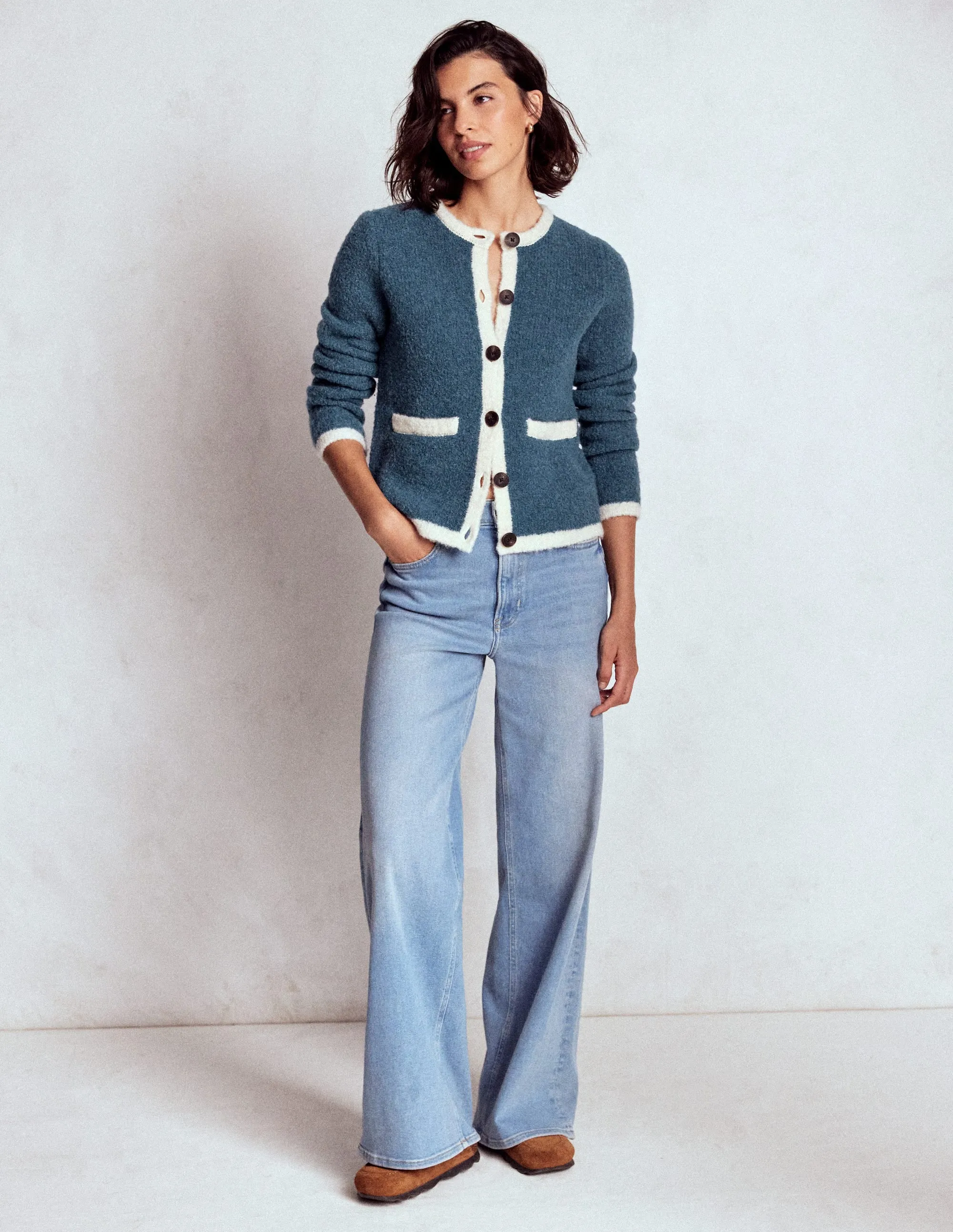 Neutral Colors Holly Boucle Knitted Jacket-Denim Blue Boucle