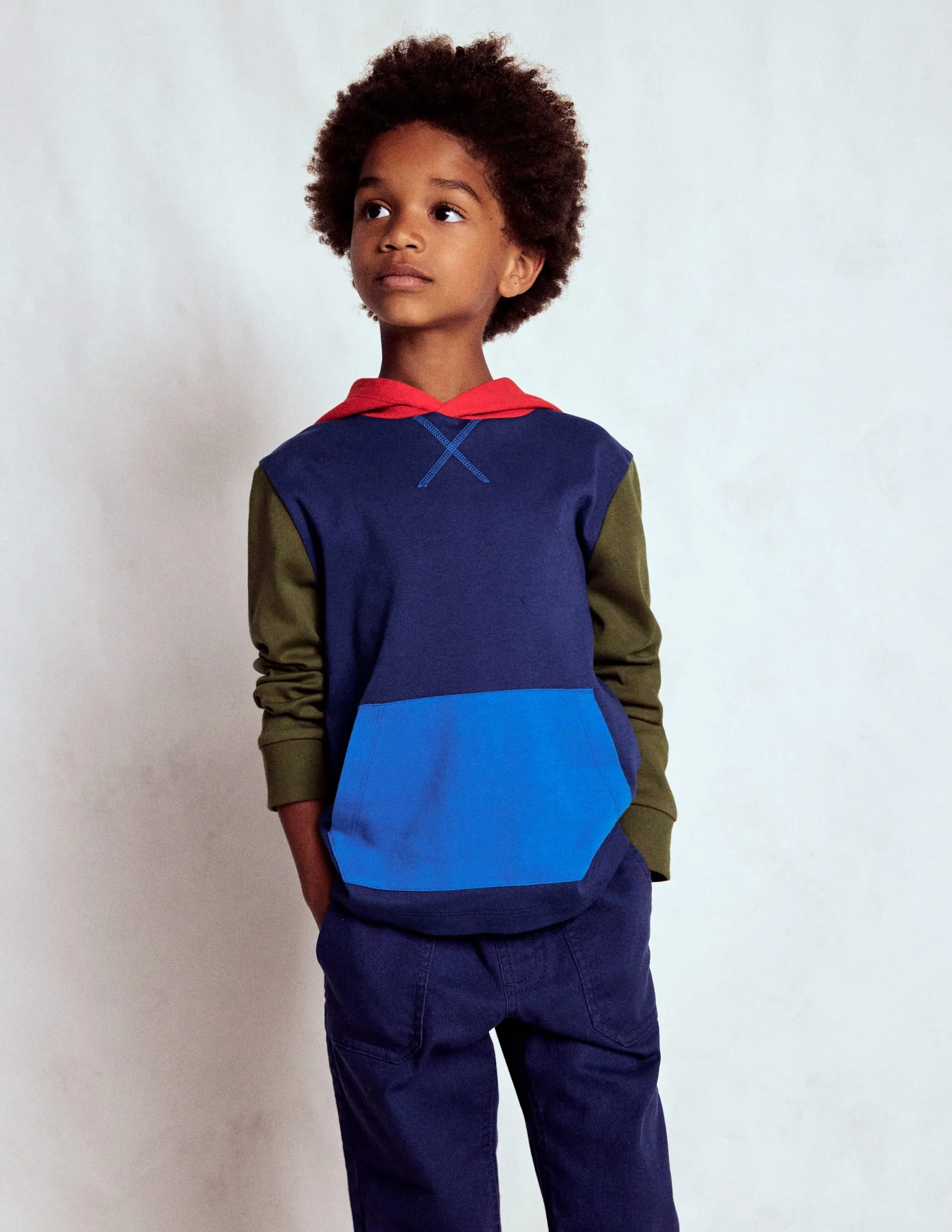 Double Needle Hemming Layered Look Hooded Mid-weight T-shirt-Starboard Blue/ Woodland Green