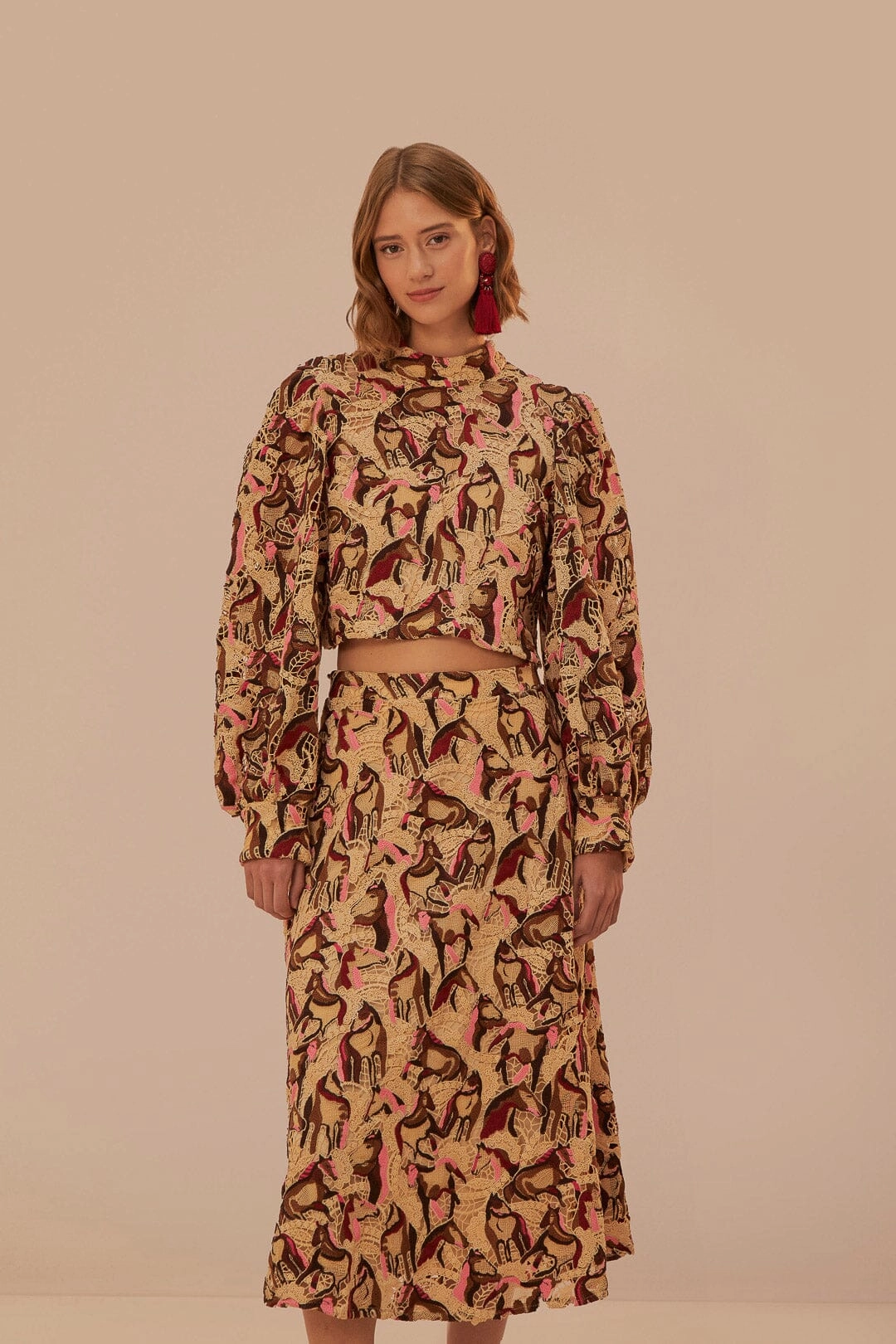 Urban Style Horses Guipire Midi Skirt in Cream