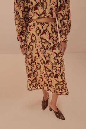 Horses Guipire Midi Skirt in Cream Pleated design