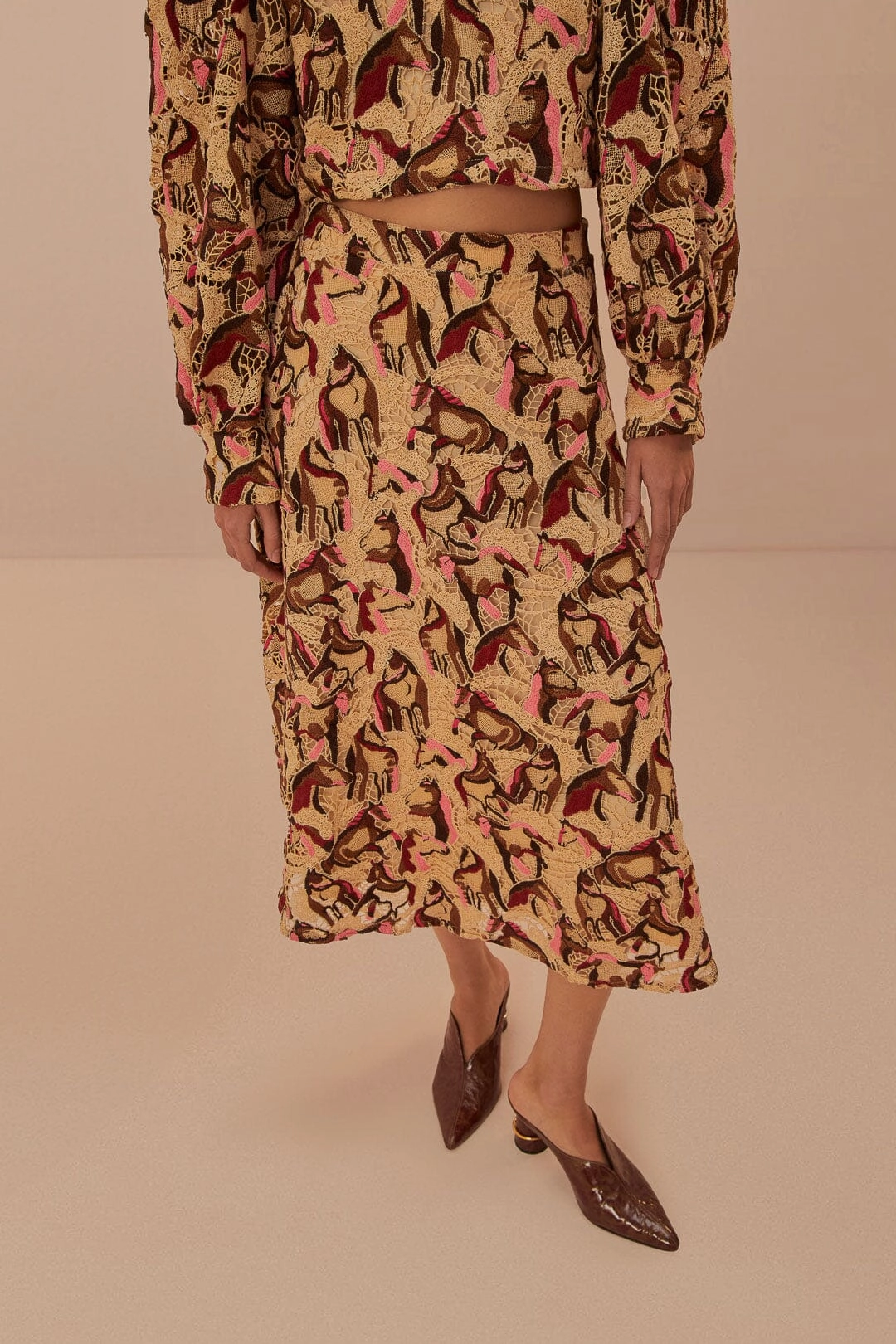 Horses Guipire Midi Skirt in Cream Pleated design