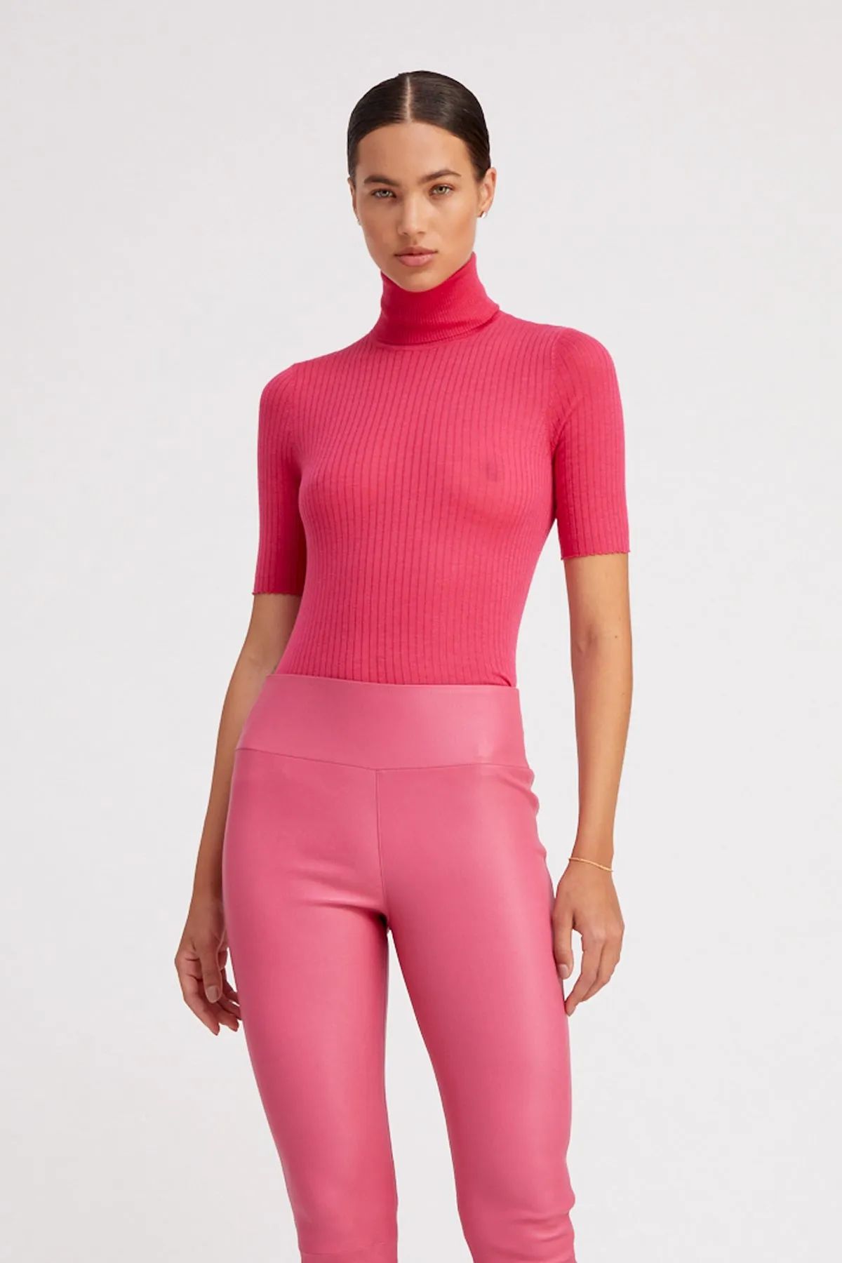 Hot Pink Cashmere Turtleneck Yarn Dyed Pattern Cloth