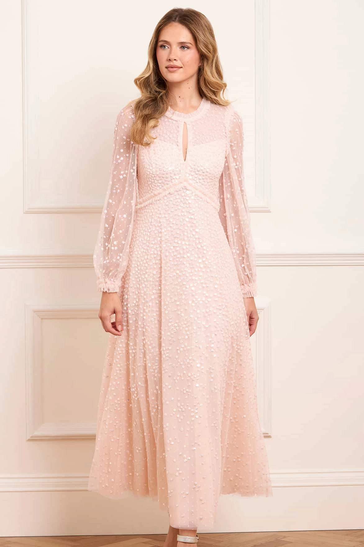 Calm Touch Air Beauty Dappled Sequin Long Sleeve Ankle Gown