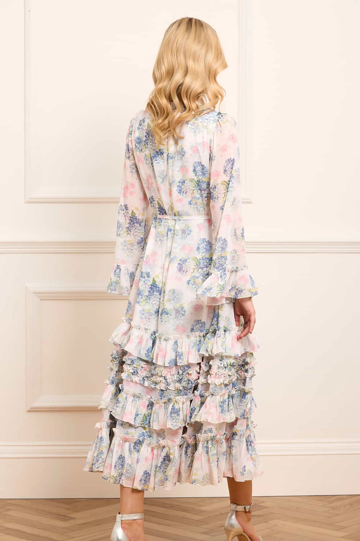 Beaded-Sleeve Hydrangea Chiffon Round Neck Ankle Gown