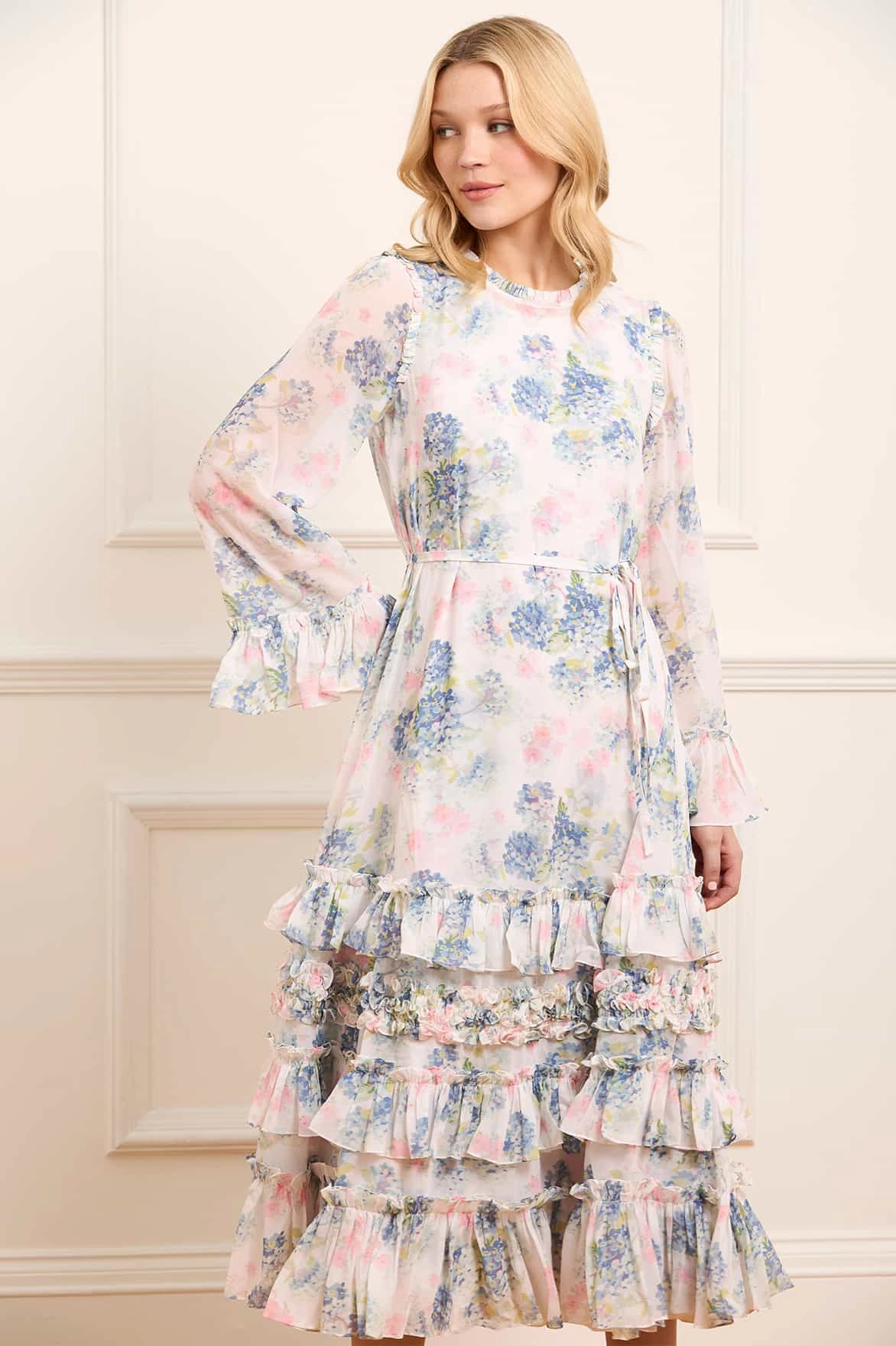 Hydrangea Chiffon Round Neck Ankle Gown Dry-Clean-Only