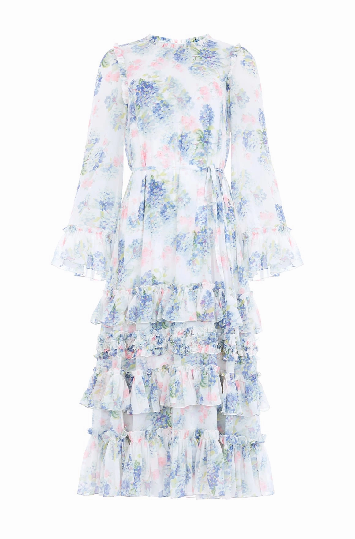 Calm Drape Hydrangea Chiffon Round Neck Ankle Gown