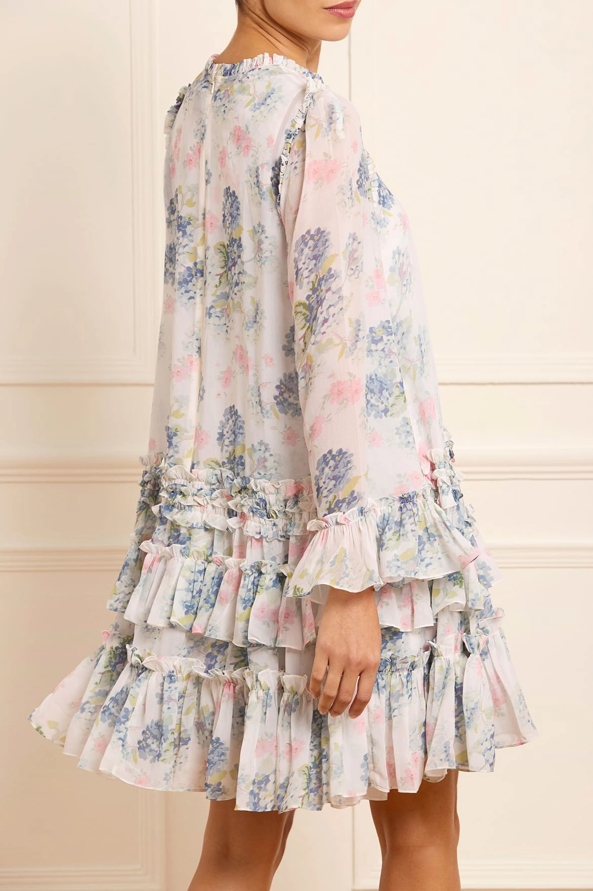 Elegant Everyday Transitional Style Hydrangea Chiffon Round Neck Mini Dress