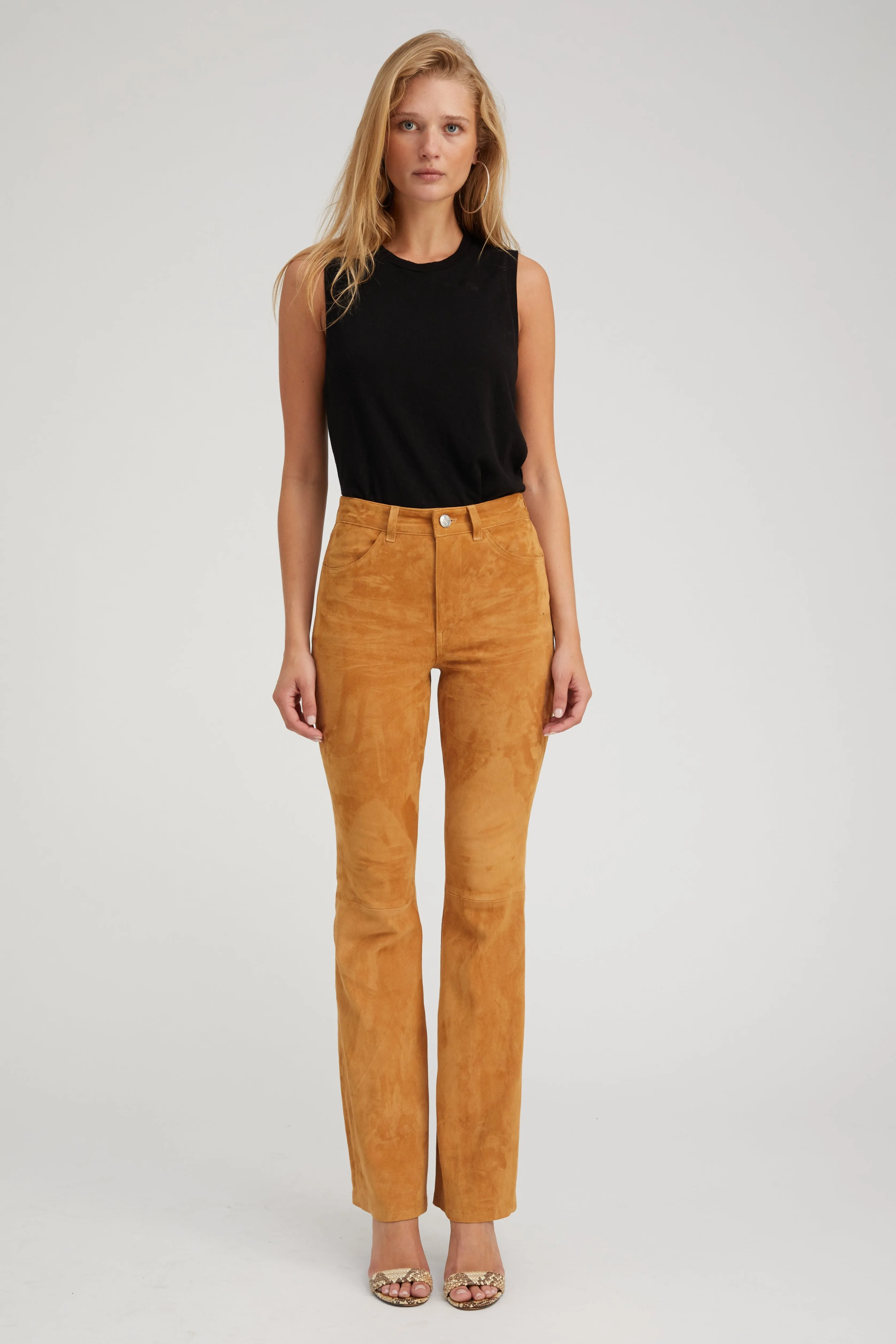 Curved Waistline Nutmeg Suede 5 Pocket Micro Flare Pants