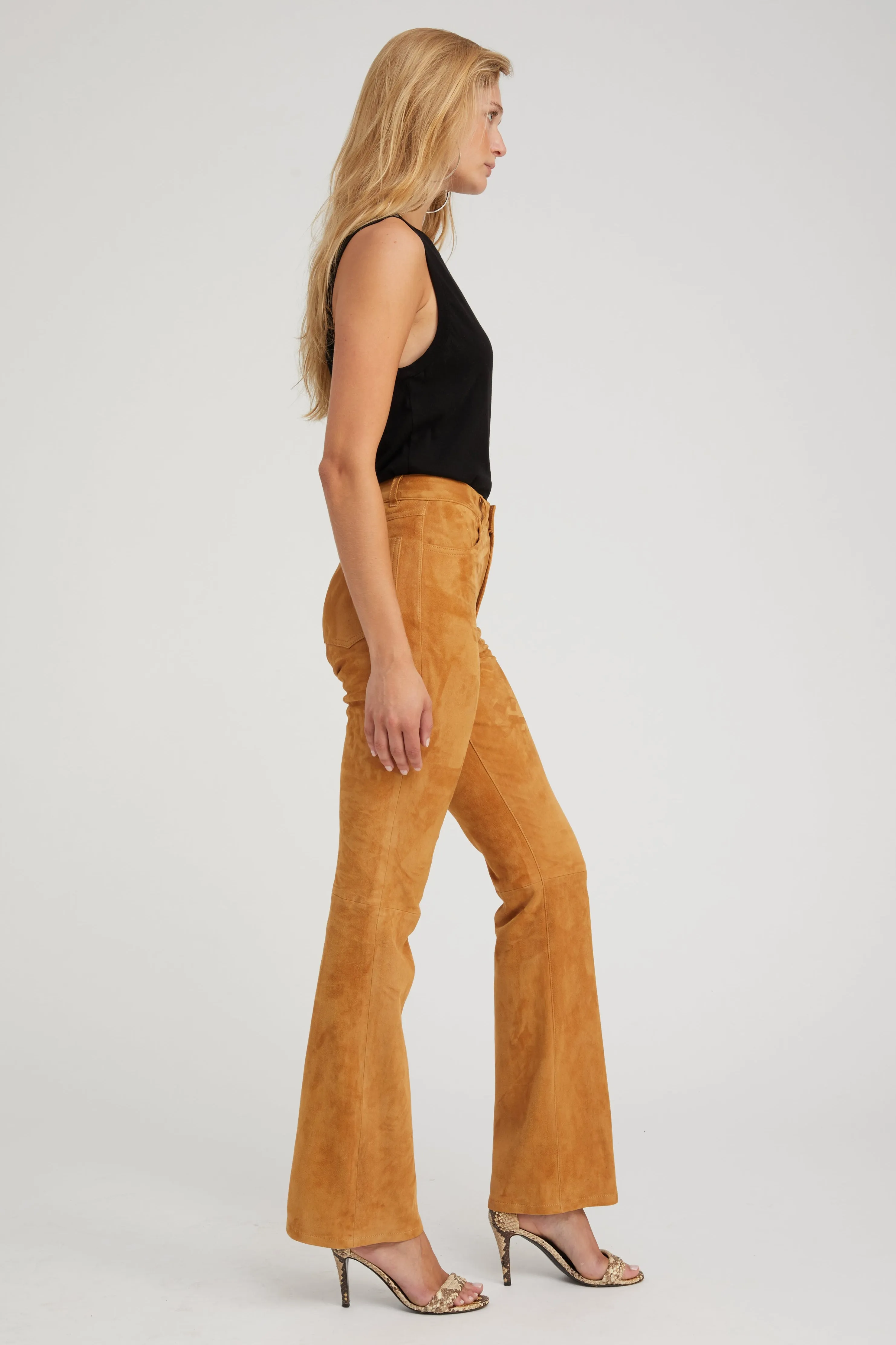 Nutmeg Suede 5 Pocket Micro Flare Pants Stable Shape