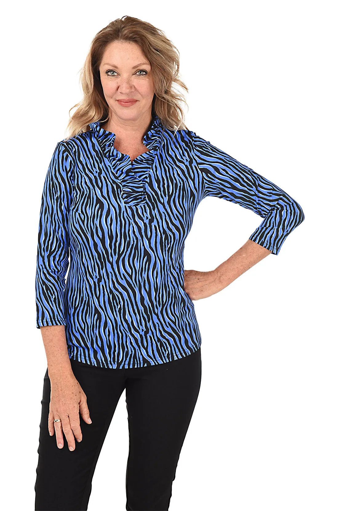 Hypnotic Zebra Ruffle Neck UPF50  Top No Iron Fabric