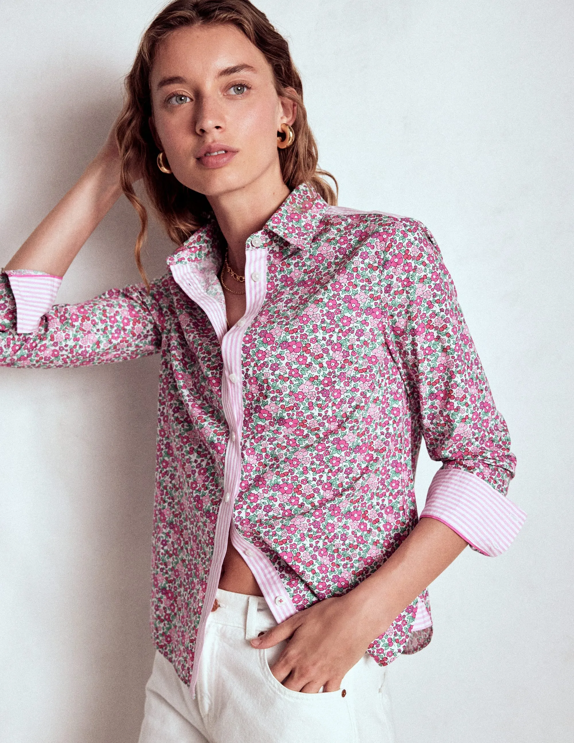 Sienna Cotton Shirt-Pop Pansy, Apple Blossom ContrastStitching Smooth Zipper Integration