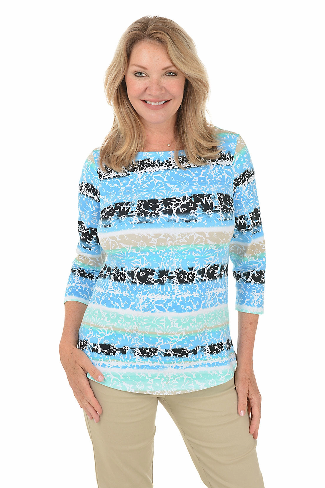 Tagless Comfort Prints Charming Lagoon Watercolor Floral Top