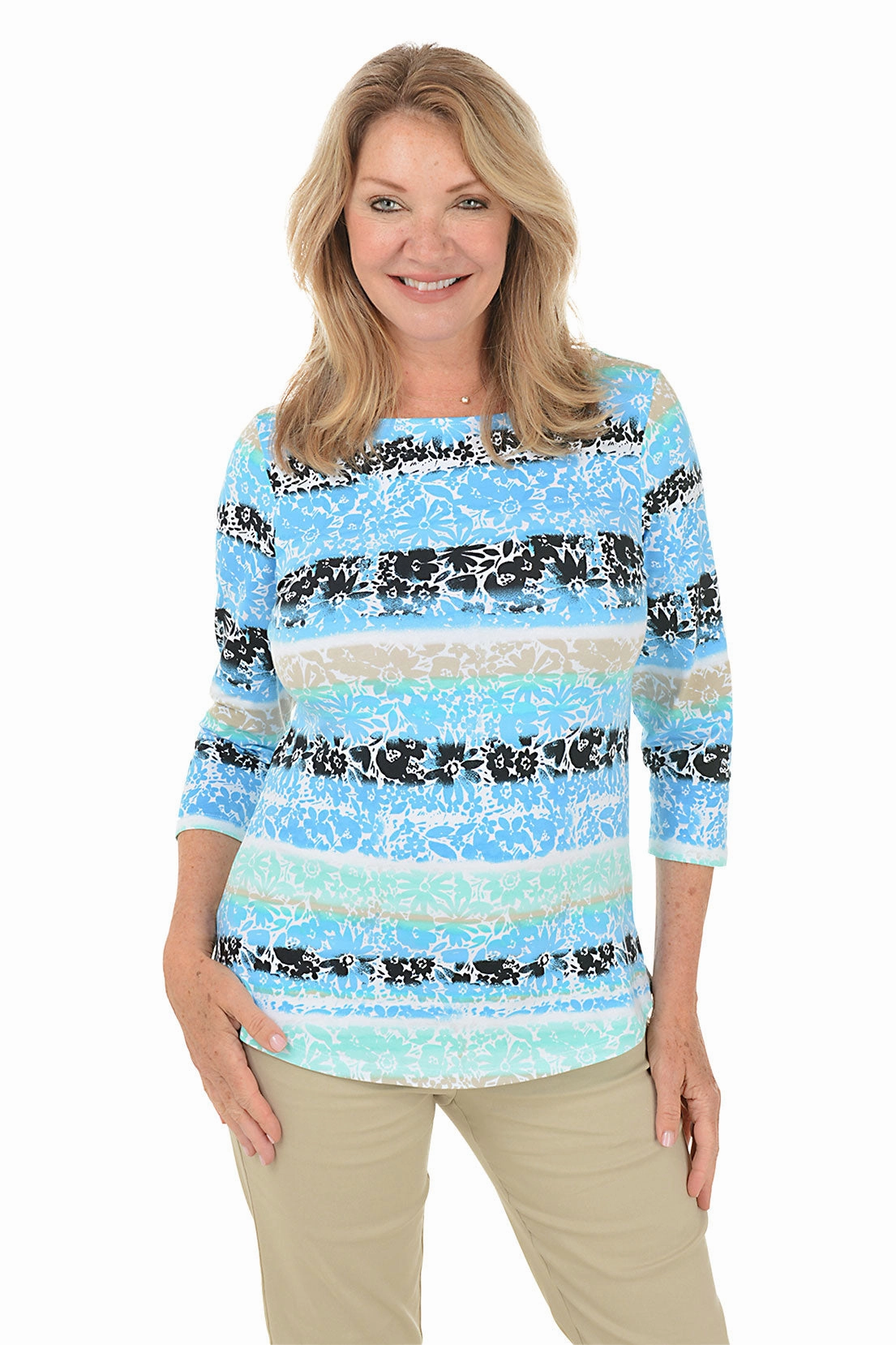 Prints Charming Lagoon Watercolor Floral Top Structured Shoulder FlexibleRibbedTrims