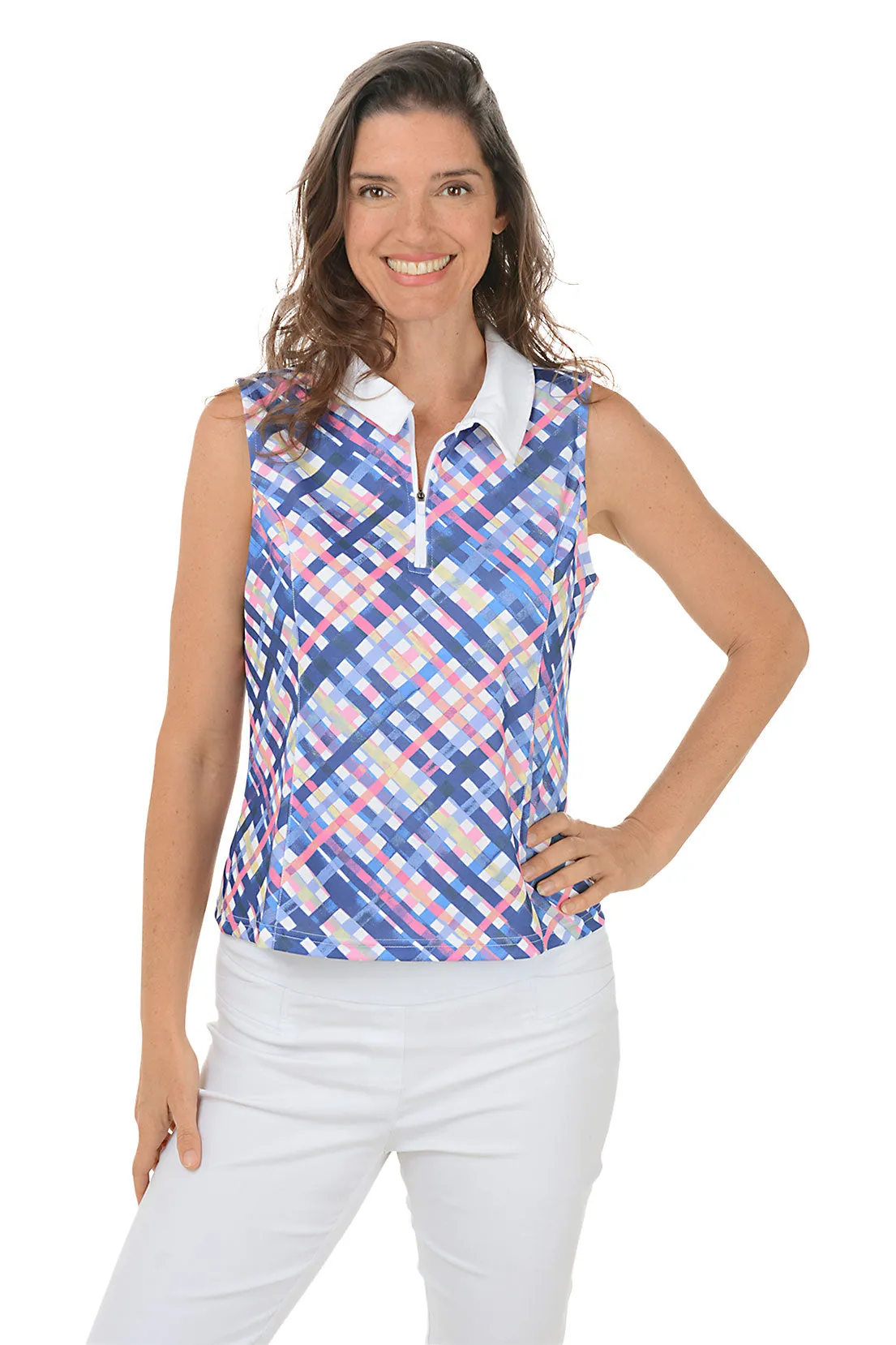 Everyday Comfort Sporty Plaid UPF50  Sleeveless Polo Top
