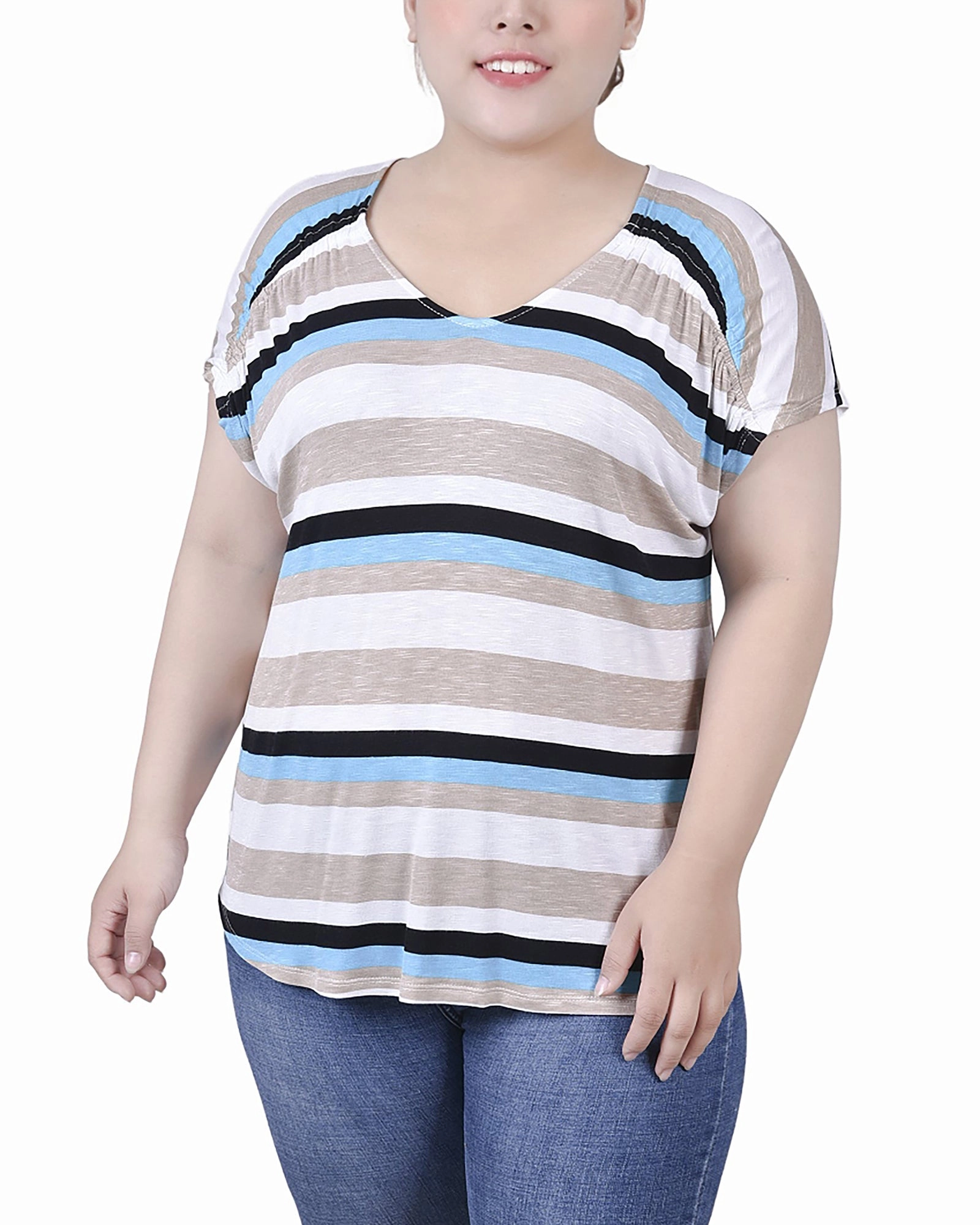 Plus Size Short Sleeve Striped V Neck Top ClassicCrewNeck