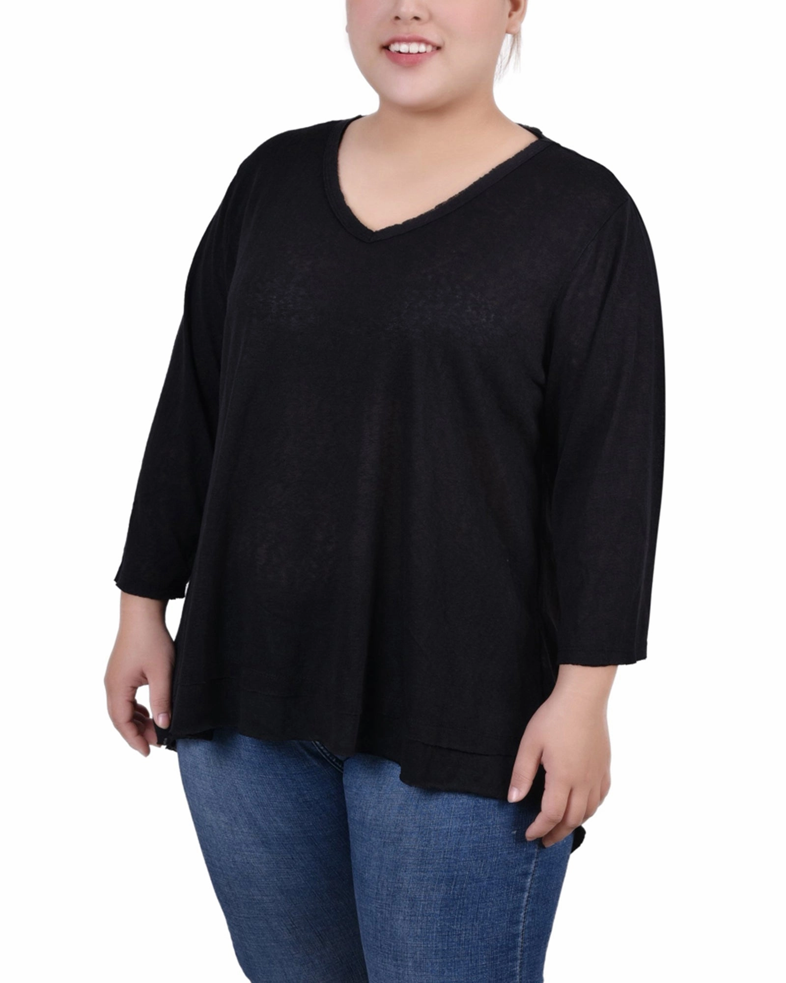 Plus Size 3/4 Sleeve V Neck Top AntiPillingTreatment Chic Tee