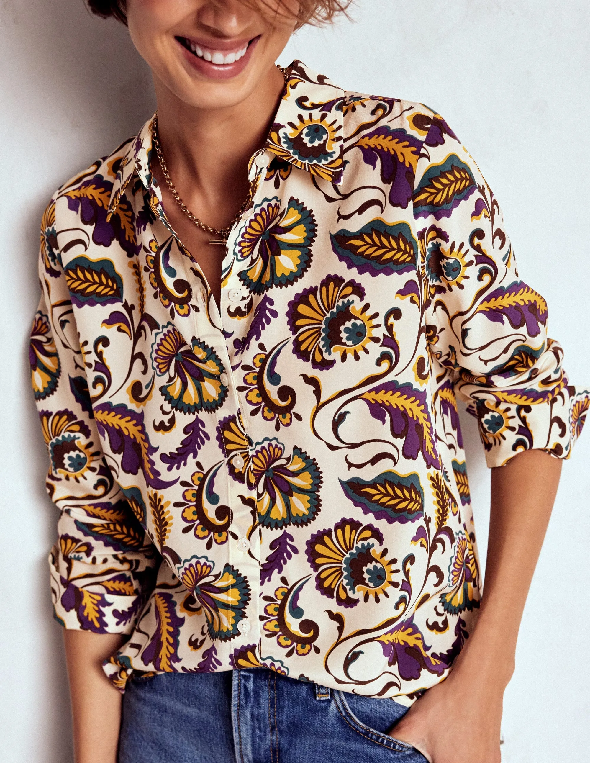 Flowing Design Multi Panel Design Sienna Silk Shirt-Multi, Ornate Meadow