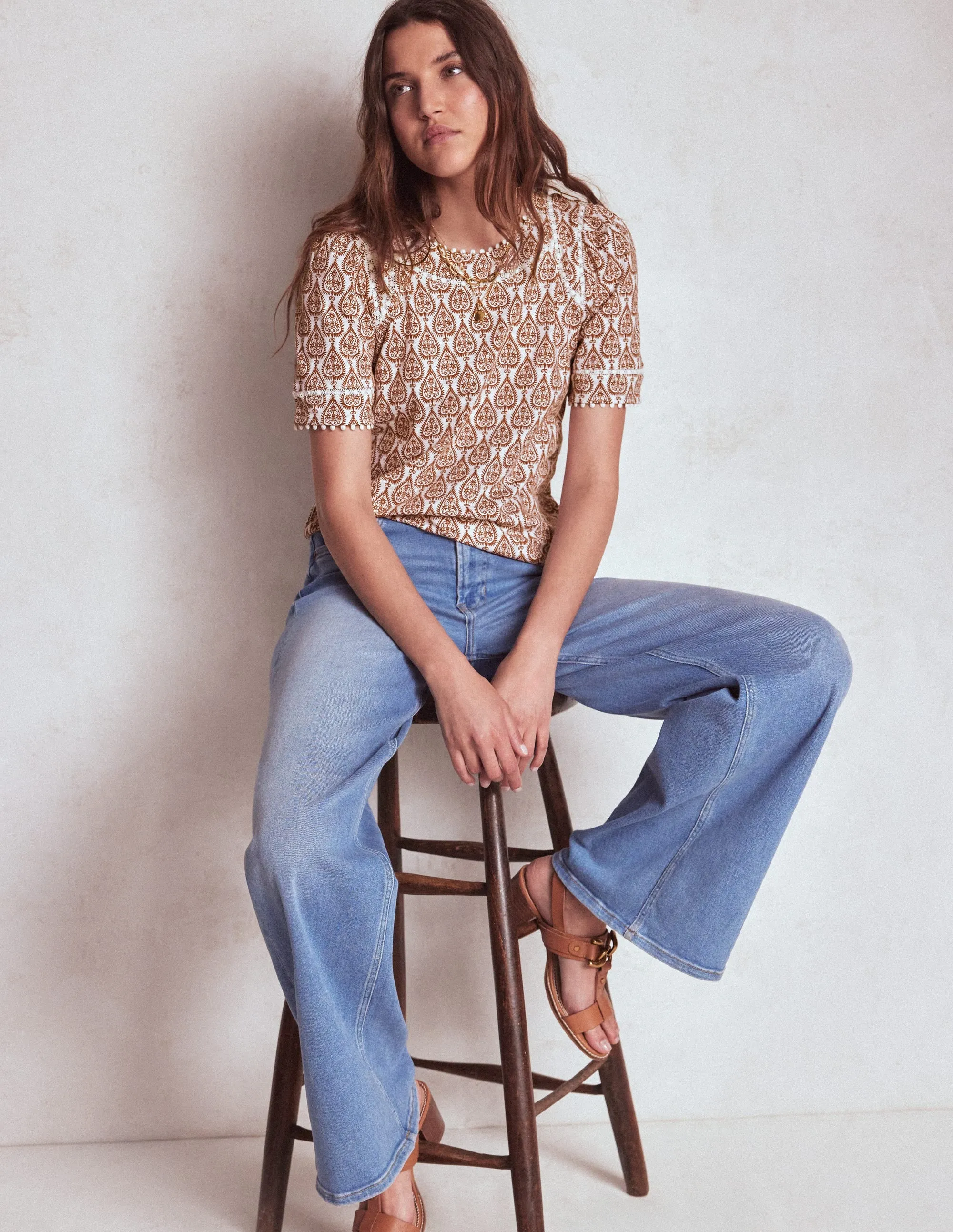 Anti Bacterial Layer Mila Lace Trim Top-Ivory and Cognac, Ornate Geo