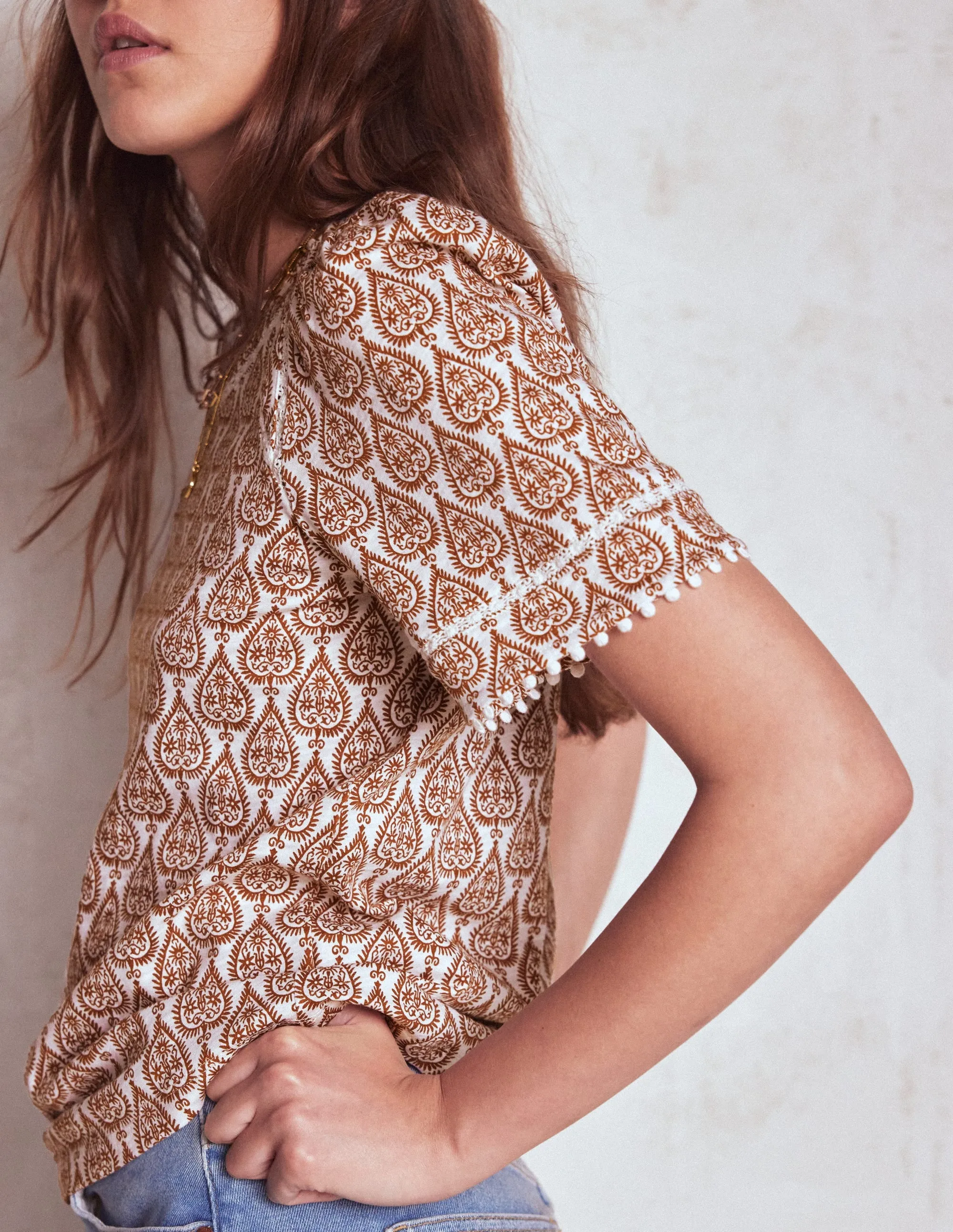 Mila Lace Trim Top-Ivory and Cognac, Ornate Geo ElasticEdgeBinding