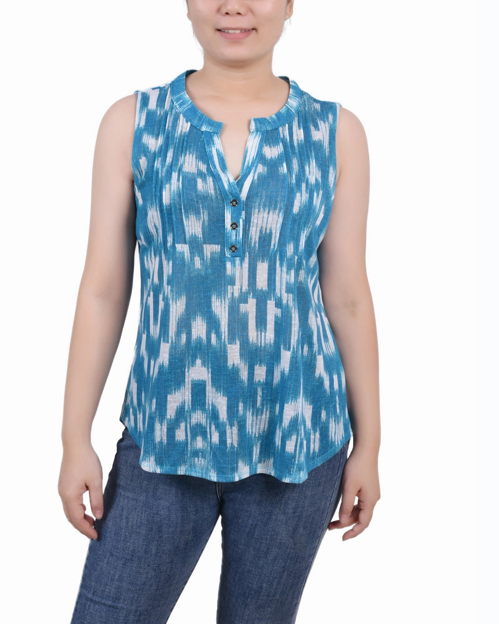 Interlock Weave All Day Comfort Sleeveless Slub Knit Y Neck Top