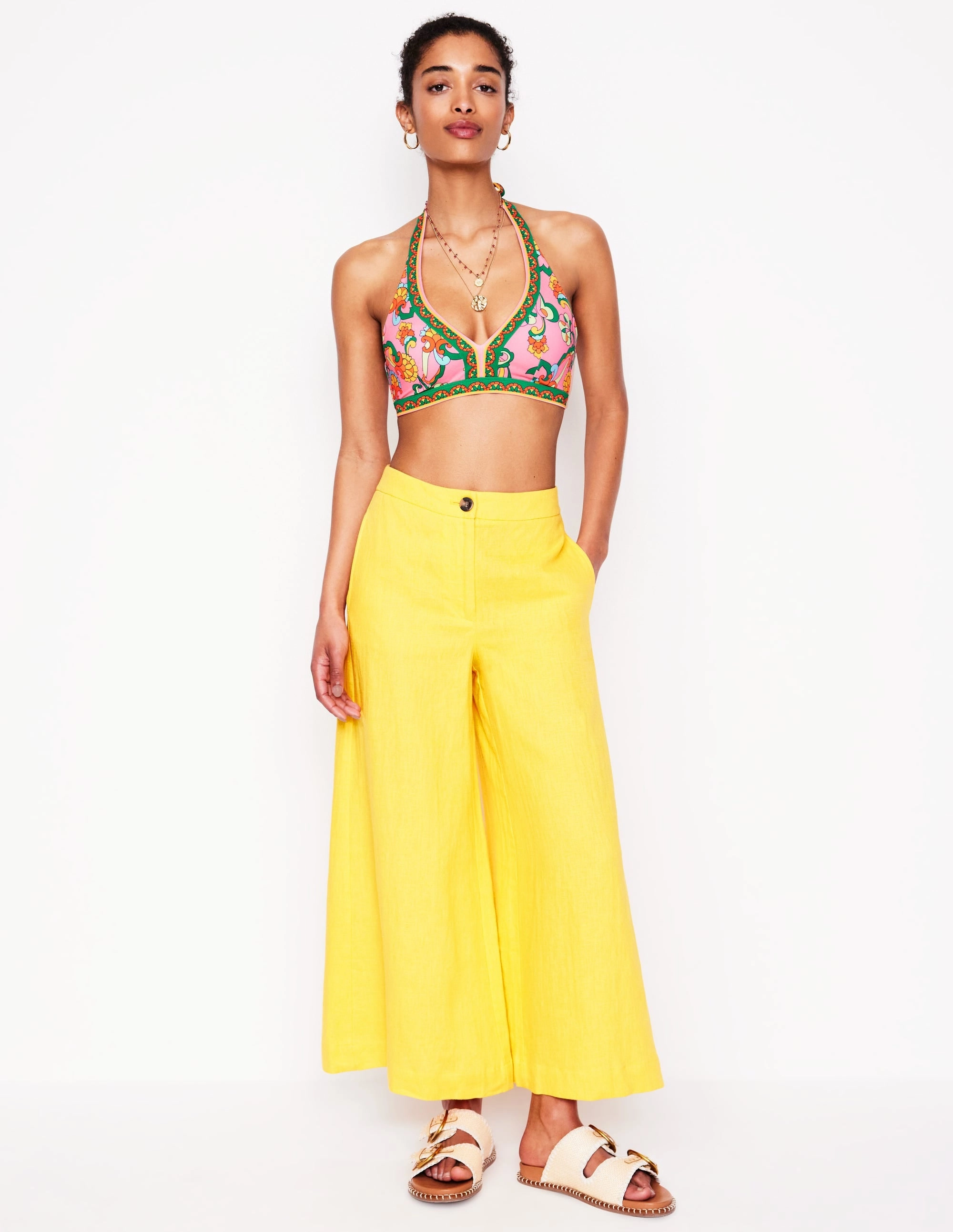 Ios V Panel Bikini Top-Pink Rose, Foliage Trail Durable Elastic Edging