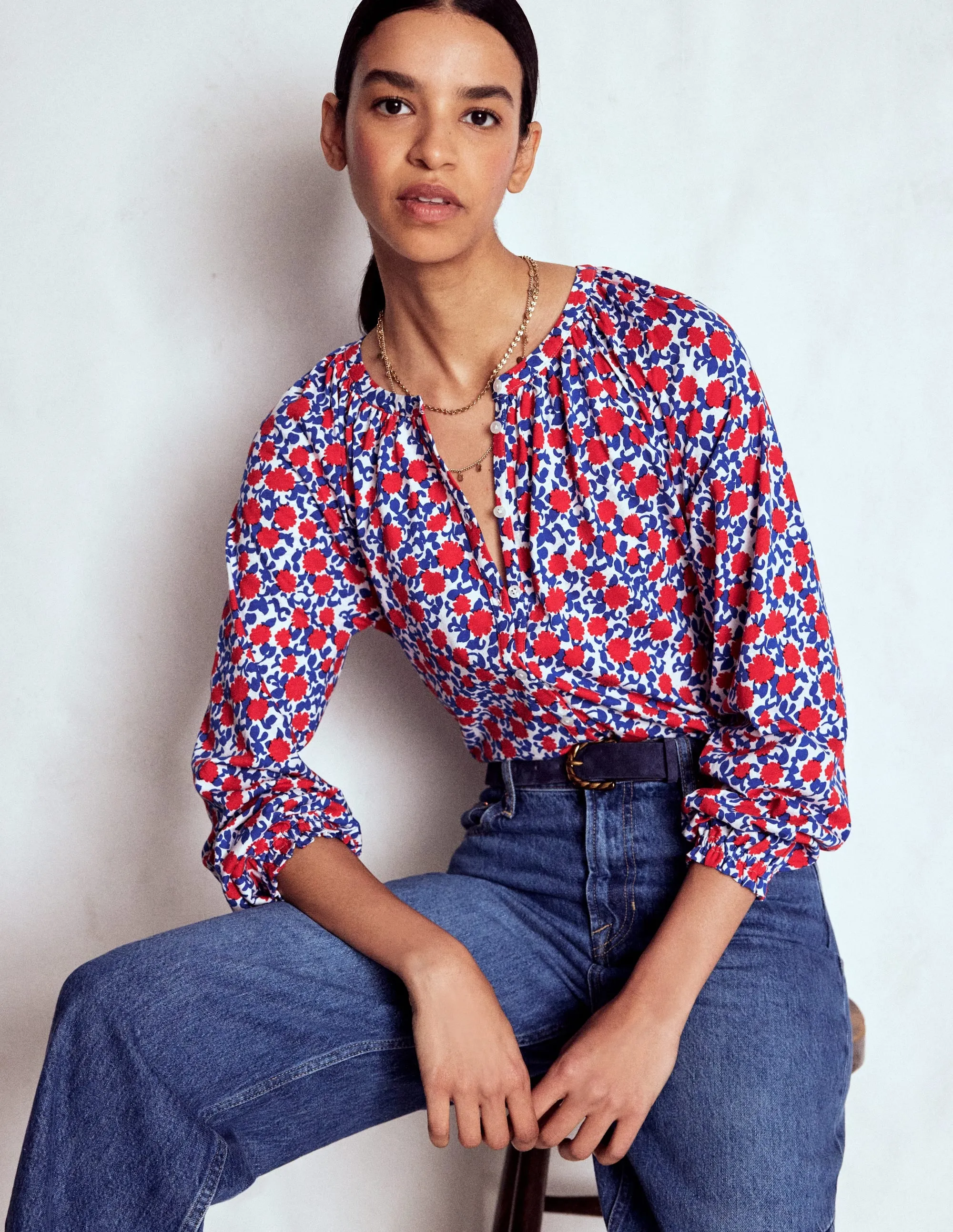 WaterRepellent Finish Isla Long Sleeve Jersey Shirt-Poppy Red, Floweret Vine