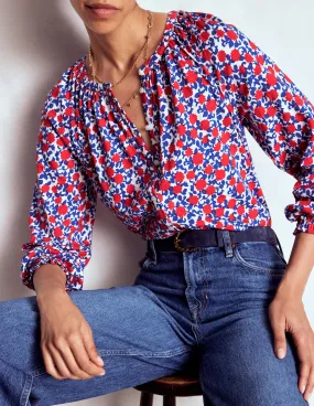 LoopwheelFabric Isla Long Sleeve Jersey Shirt-Poppy Red, Floweret Vine