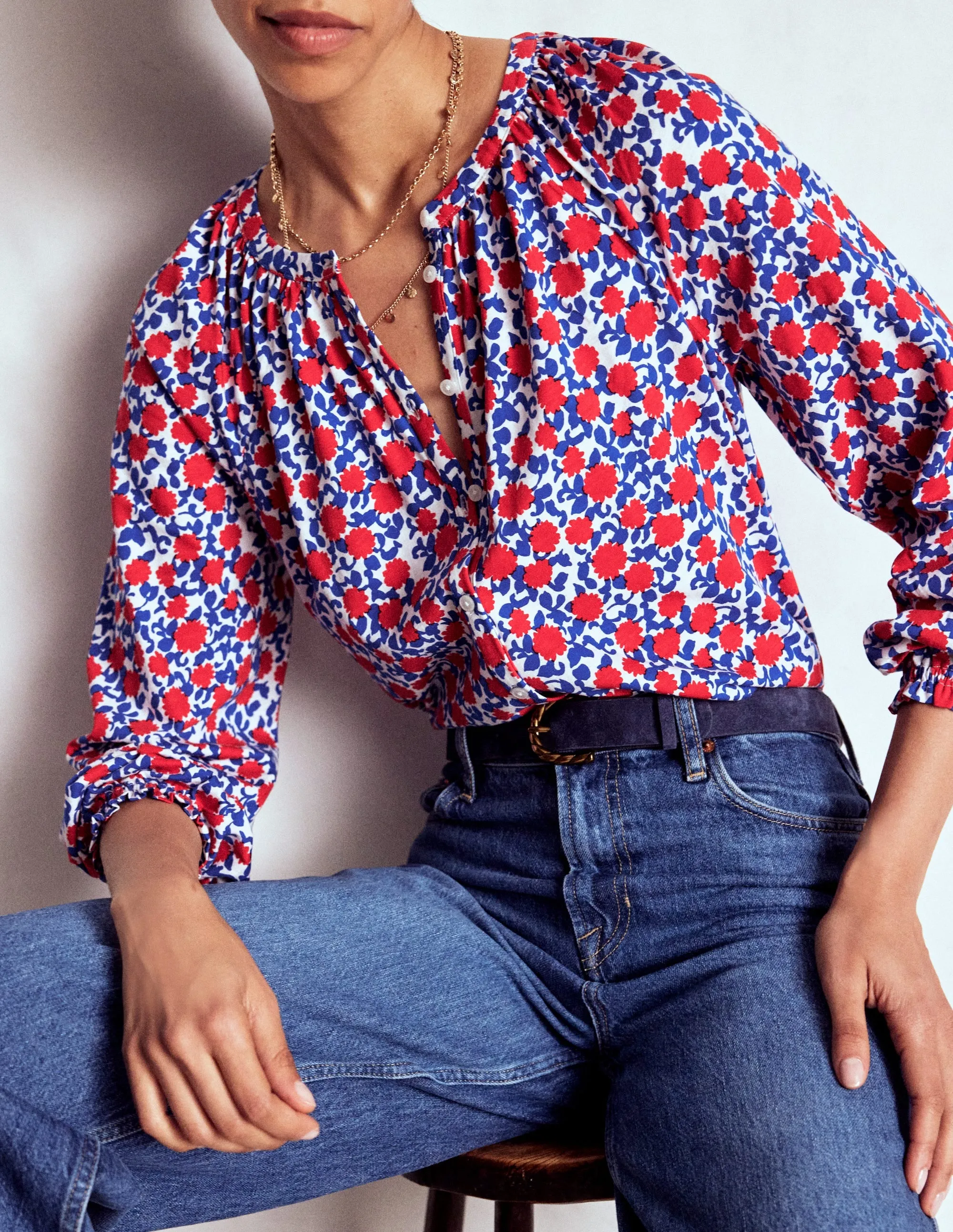 LoopwheelFabric Isla Long Sleeve Jersey Shirt-Poppy Red, Floweret Vine