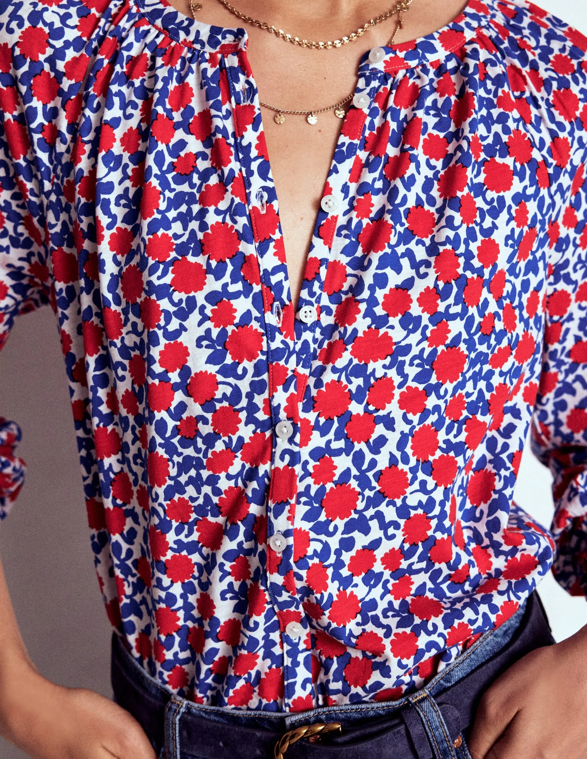 Isla Long Sleeve Jersey Shirt-Poppy Red, Floweret Vine FadeResistant